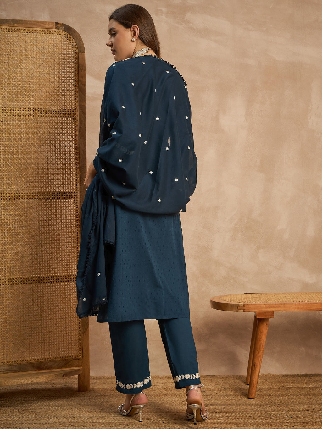 Women Yoke Design Thread Work Pure Cotton Dobby Weave Kurta With Trousers & Dupatta