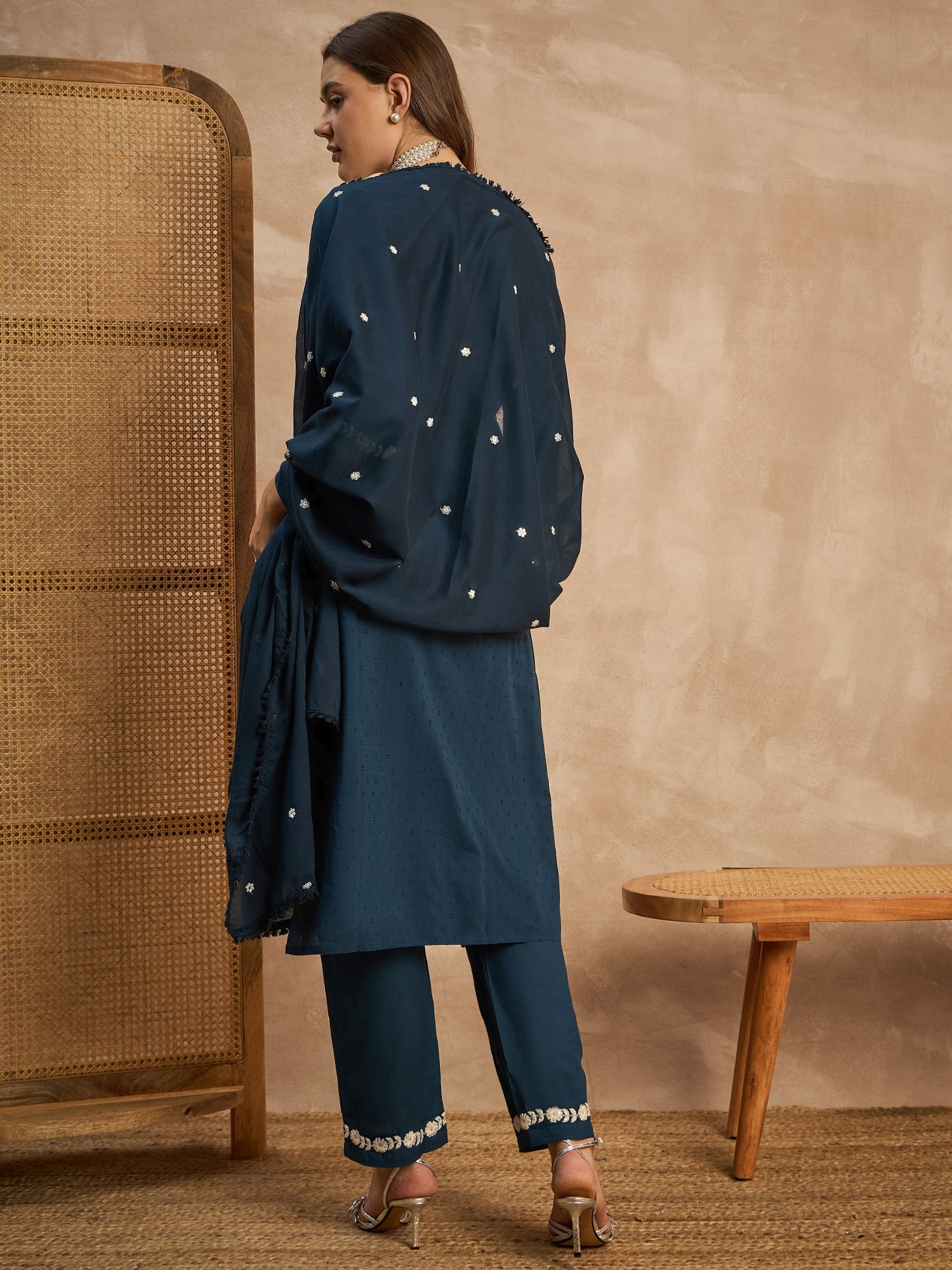 Women Yoke Design Thread Work Pure Cotton Dobby Weave Kurta With Trousers & Dupatta