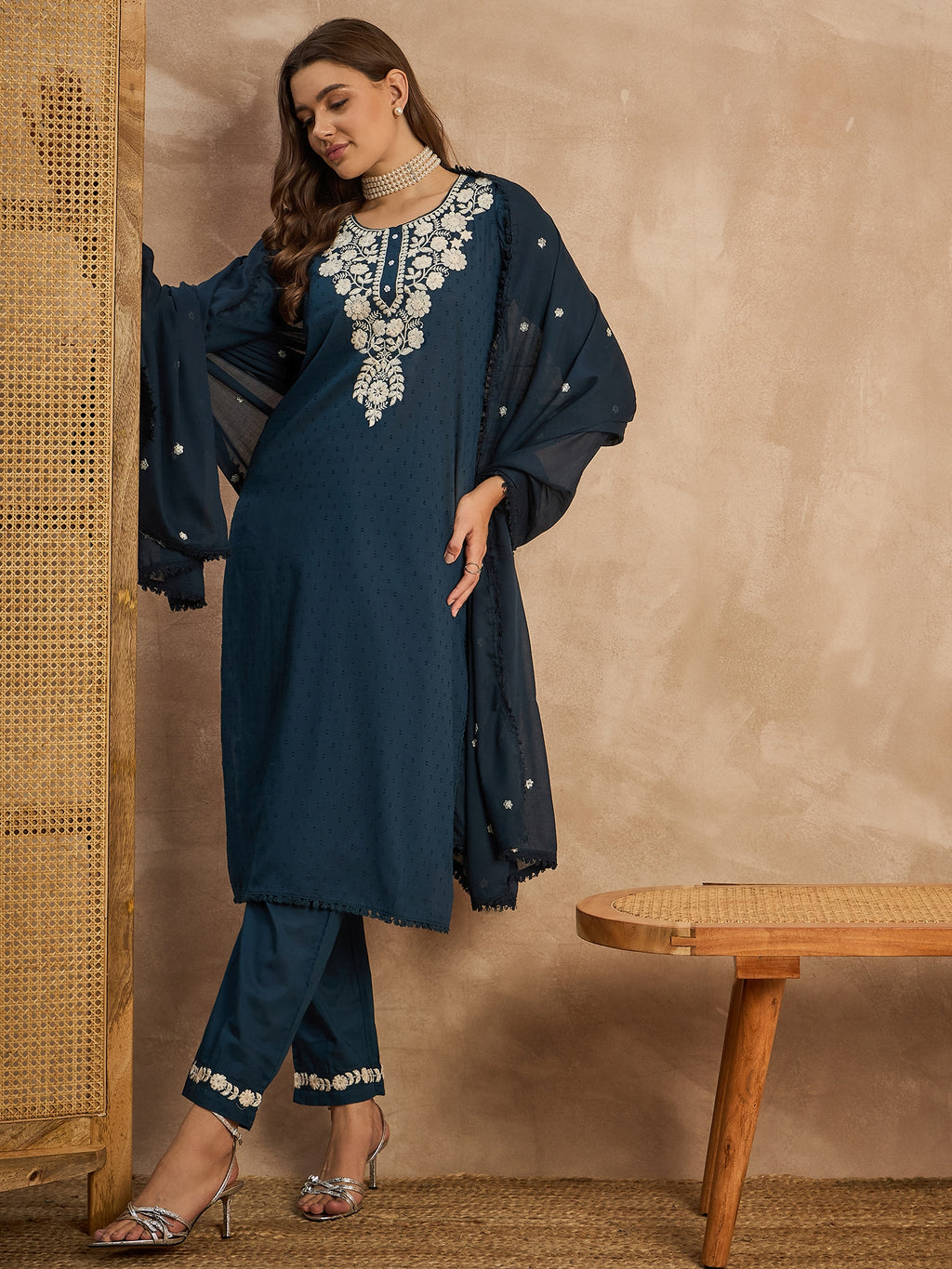 Women Yoke Design Thread Work Pure Cotton Dobby Weave Kurta With Trousers & Dupatta