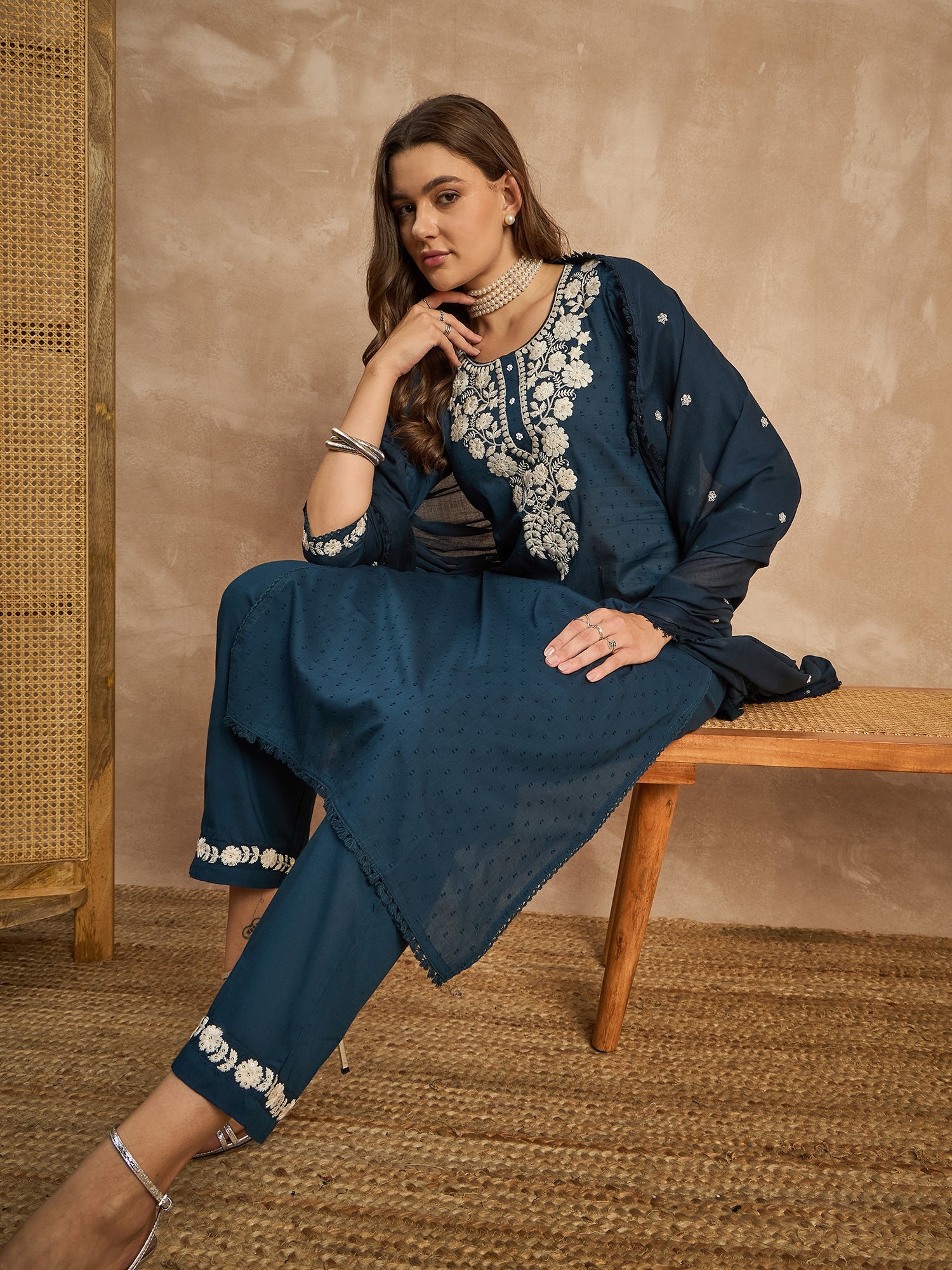 Women Yoke Design Thread Work Pure Cotton Dobby Weave Kurta With Trousers & Dupatta