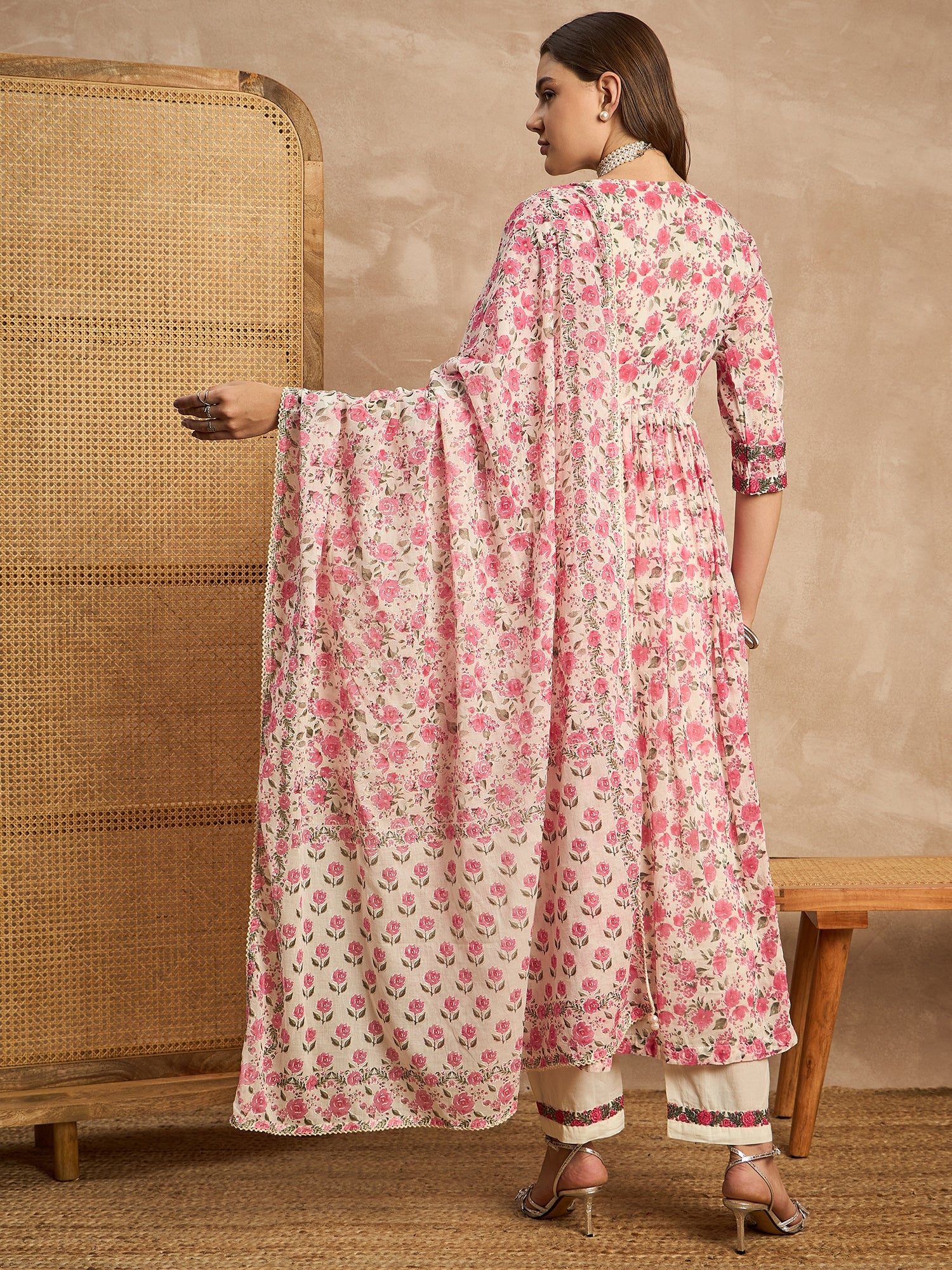 Women Floral Printed Empire Sequinned Kurta with Trousers & With Dupatta