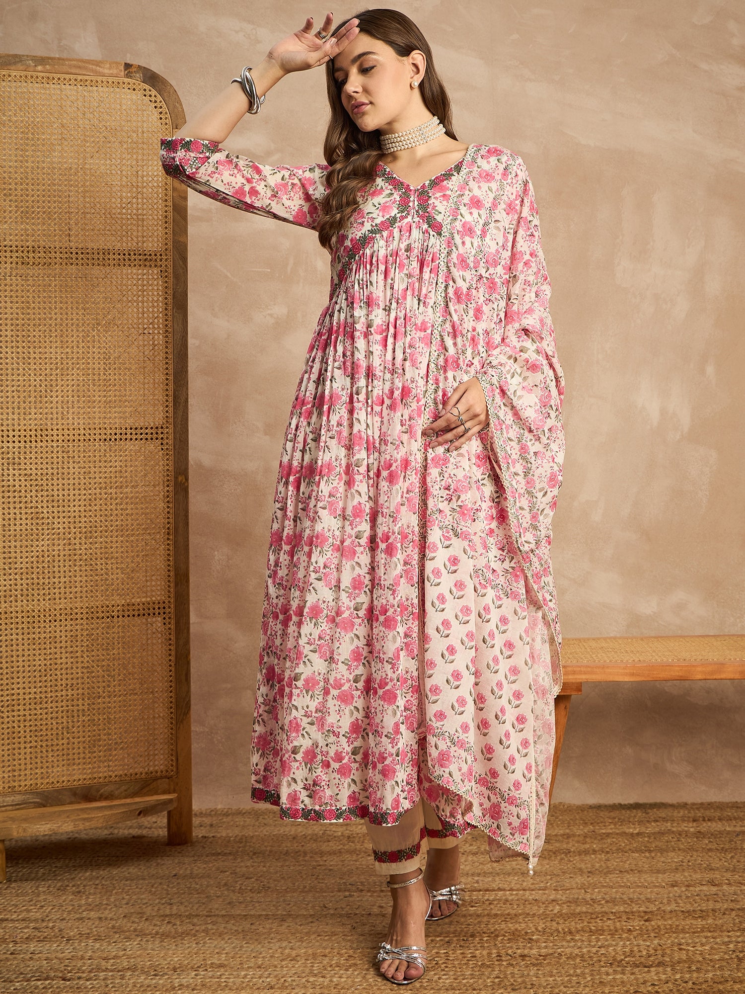 Women Floral Printed Empire Sequinned Kurta with Trousers & With Dupatta