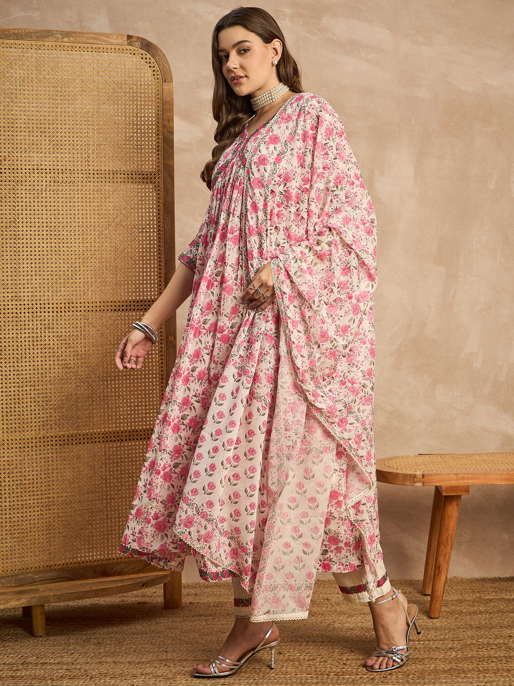 Women Floral Printed Empire Sequinned Kurta with Trousers & With Dupatta