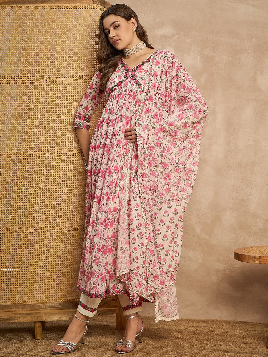Women Floral Printed Empire Sequinned Kurta with Trousers & With Dupatta