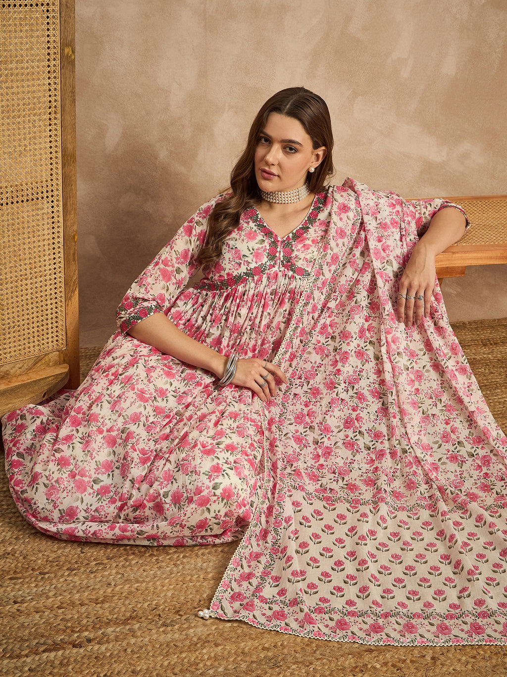 Women Floral Printed Empire Sequinned Kurta with Trousers & With Dupatta