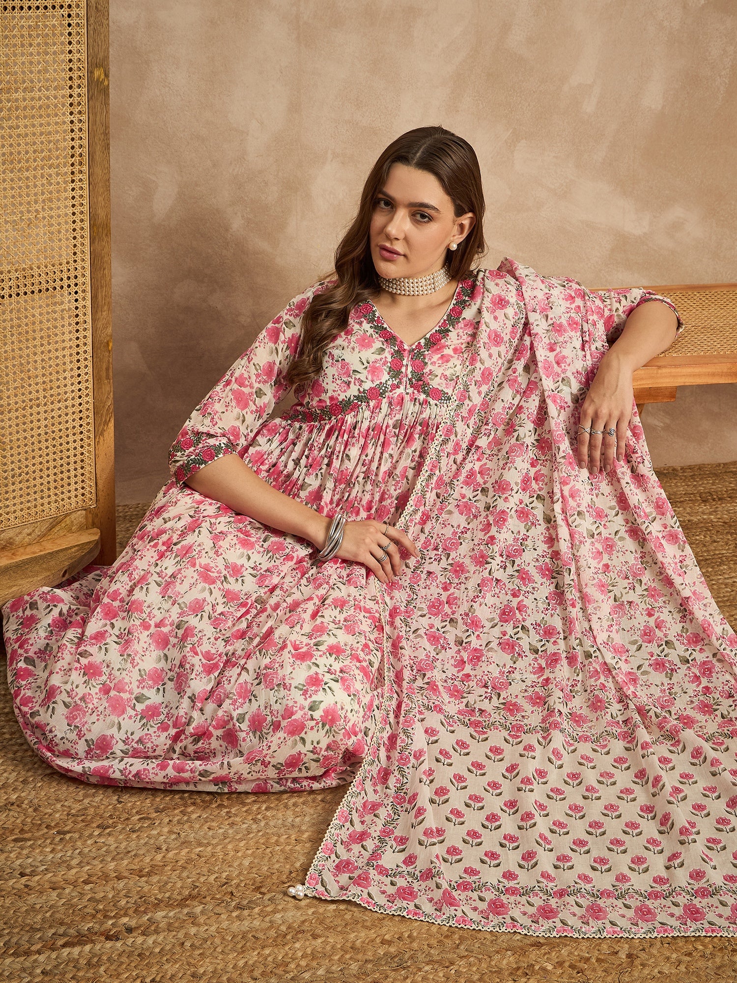 Women Floral Printed Empire Sequinned Kurta with Trousers & With Dupatta