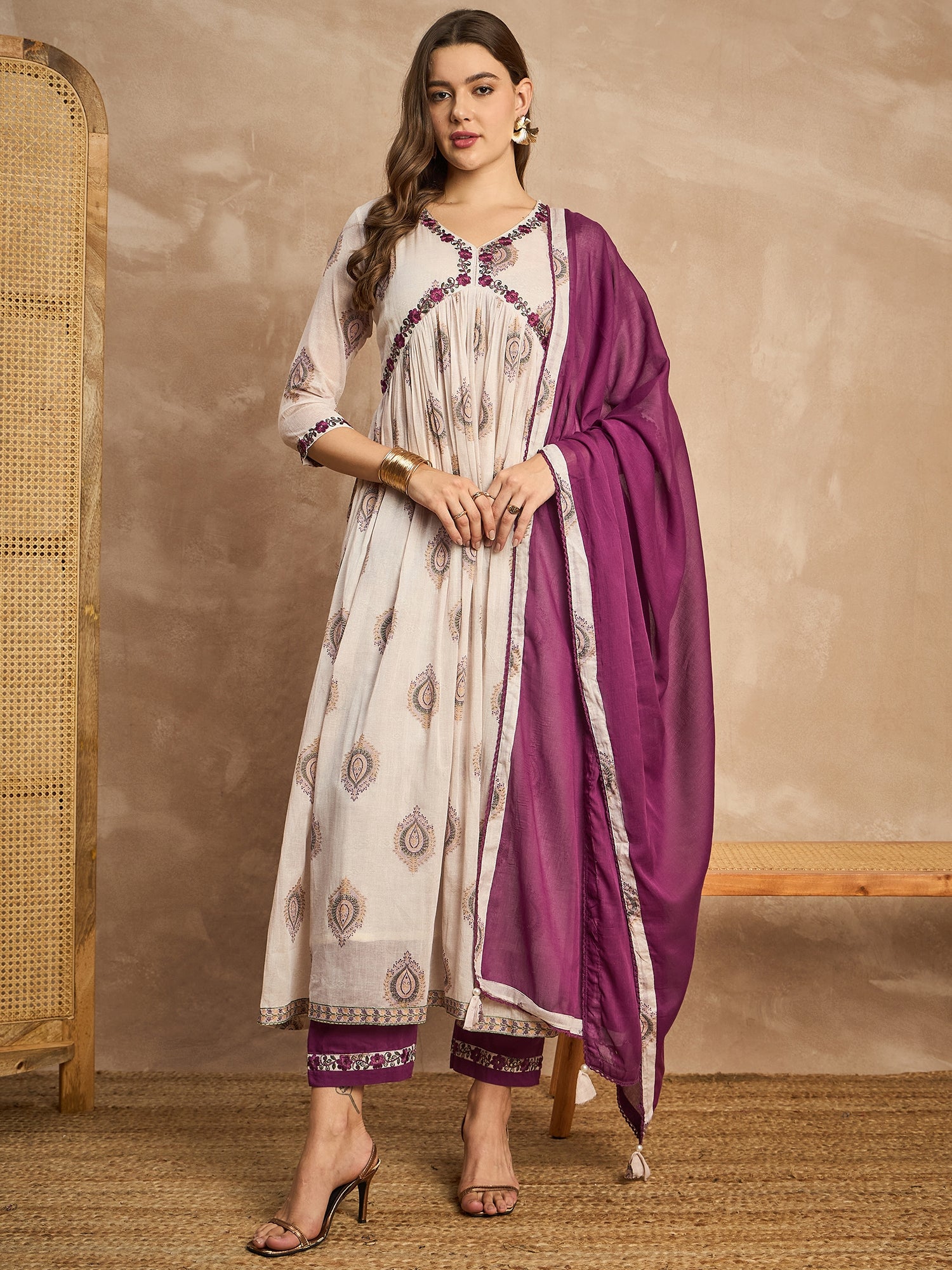 Women Ethnic Motifs Printed Thread Work Anarkali Kurta with Trousers & Dupatta