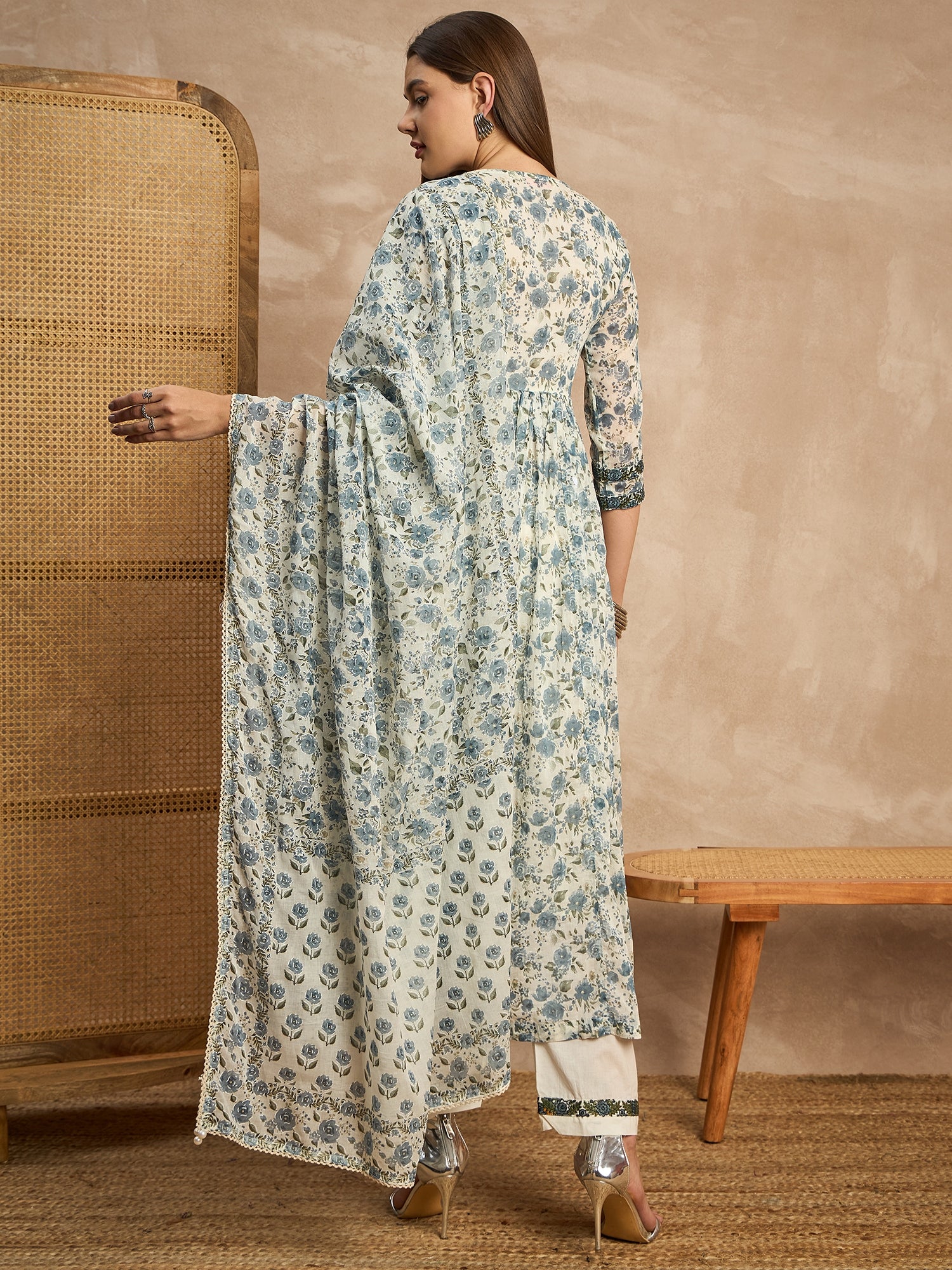 Women Floral Printed Empire Sequinned Kurta with Trousers & With Dupatta