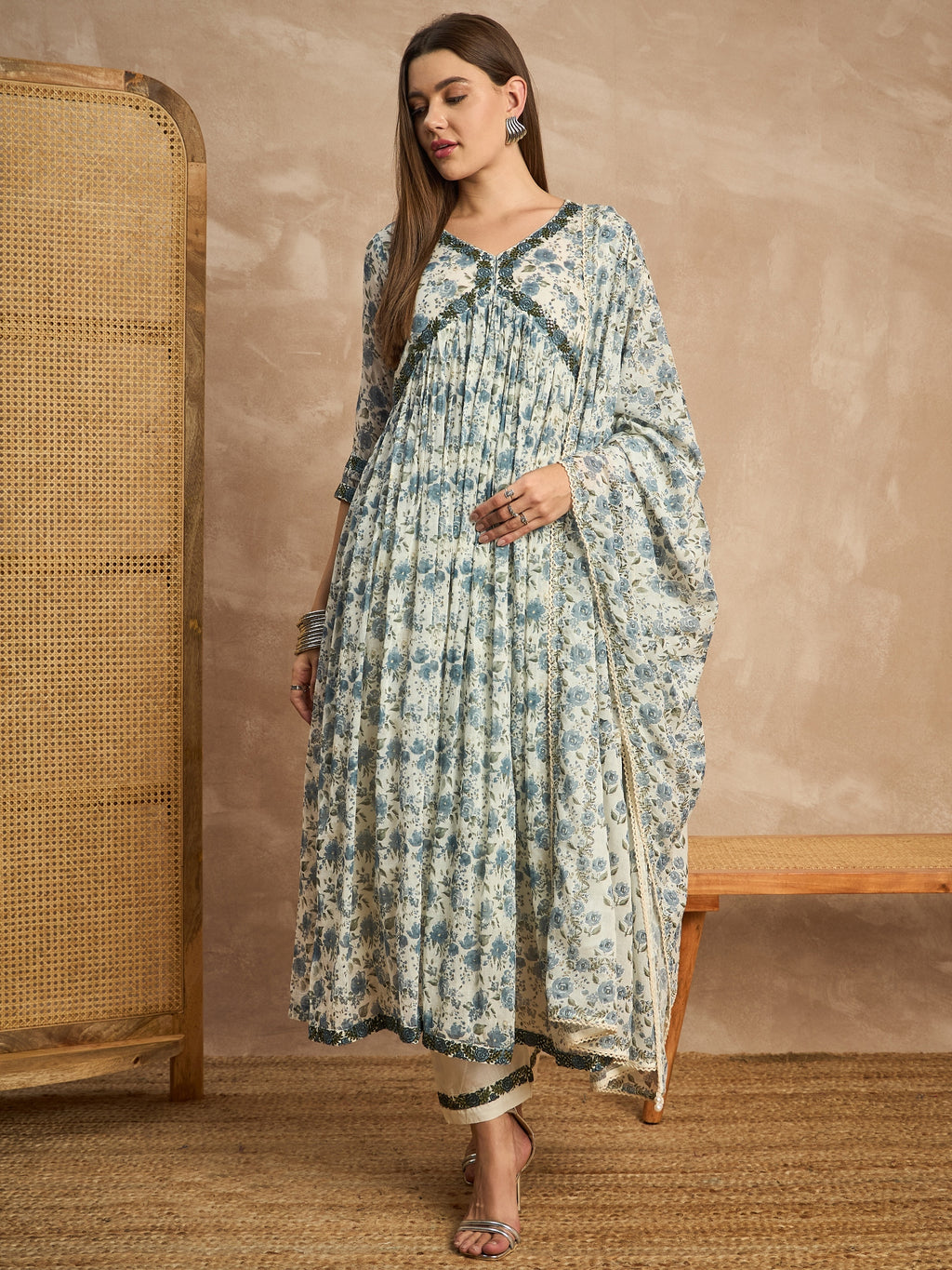 Women Floral Printed Empire Sequinned Kurta with Trousers & With Dupatta