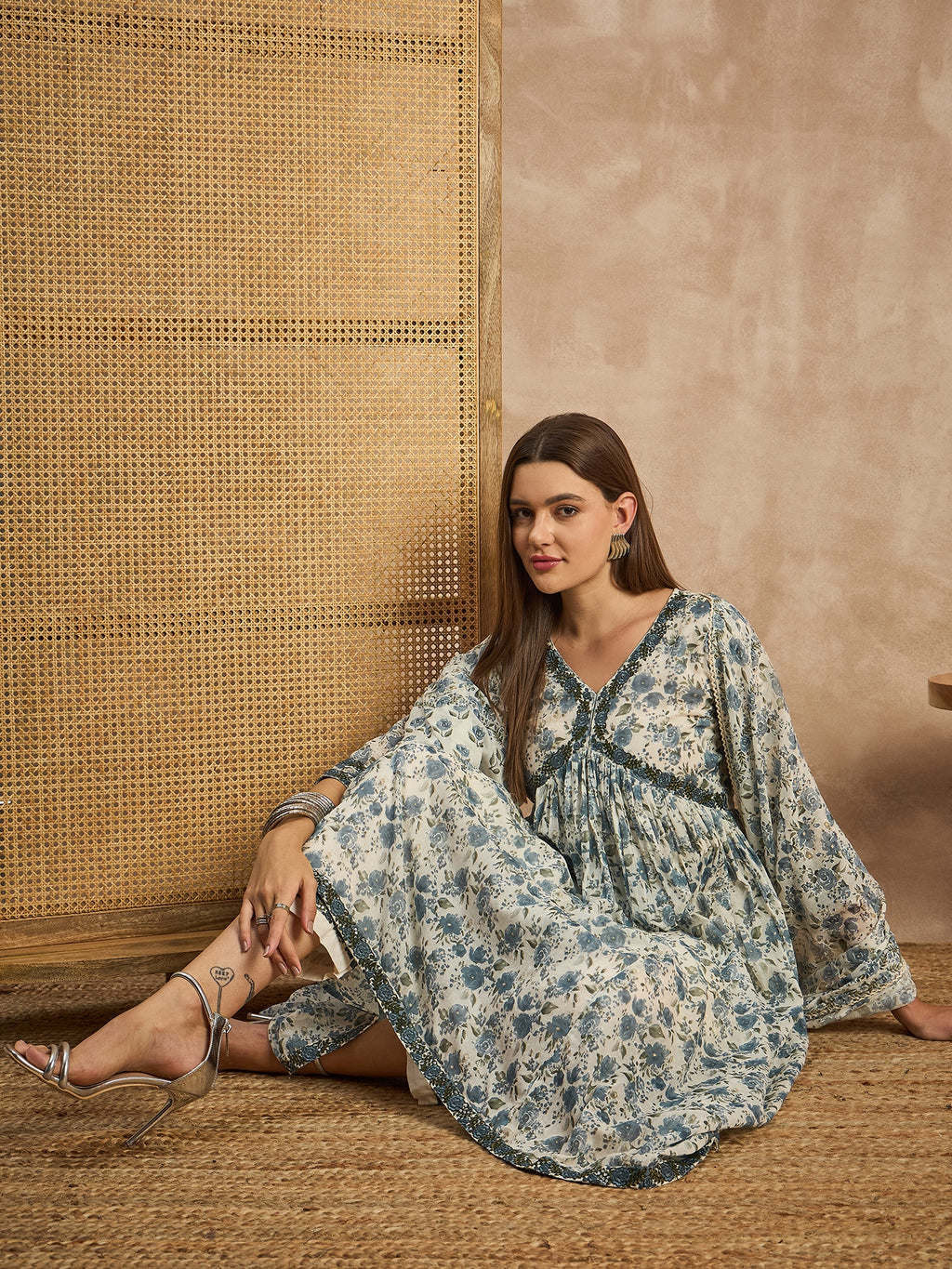 Women Floral Printed Empire Sequinned Kurta with Trousers & With Dupatta