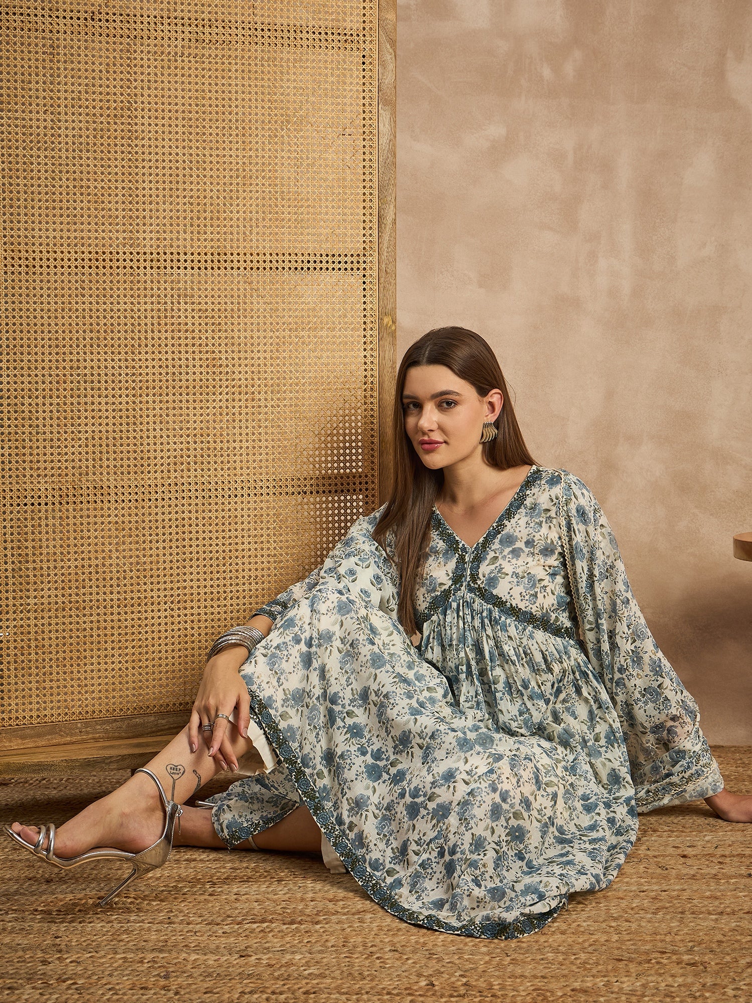 Women Floral Printed Empire Sequinned Kurta with Trousers & With Dupatta