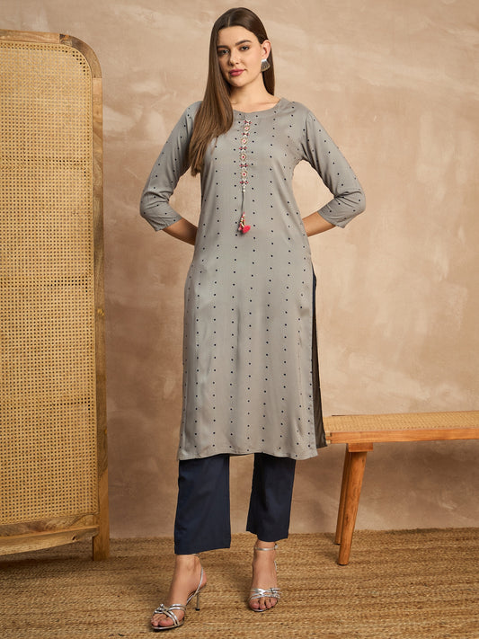 Geometric Printed Beads and Stones Straight Kurta