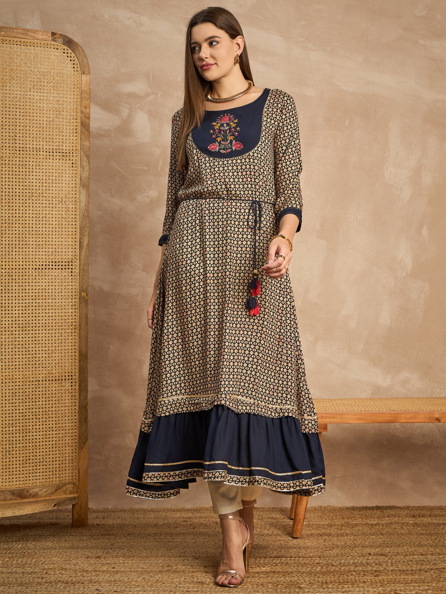 Floral Printed Viscose Rayon Fit & Flare Midi Dress