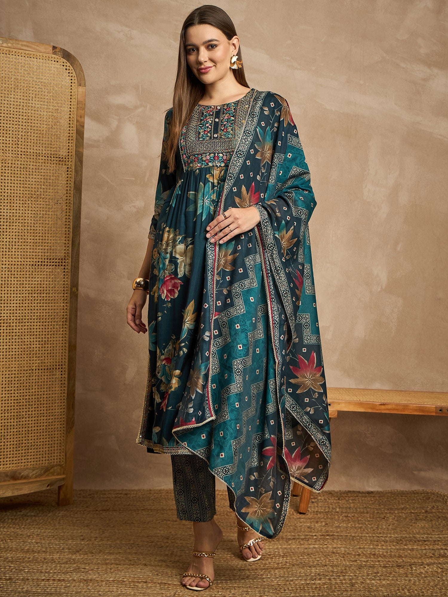 Women Ethnic Motifs Embroidered Pleated Thread Work Raw Silk Kurta with Trousers & With Dupatta