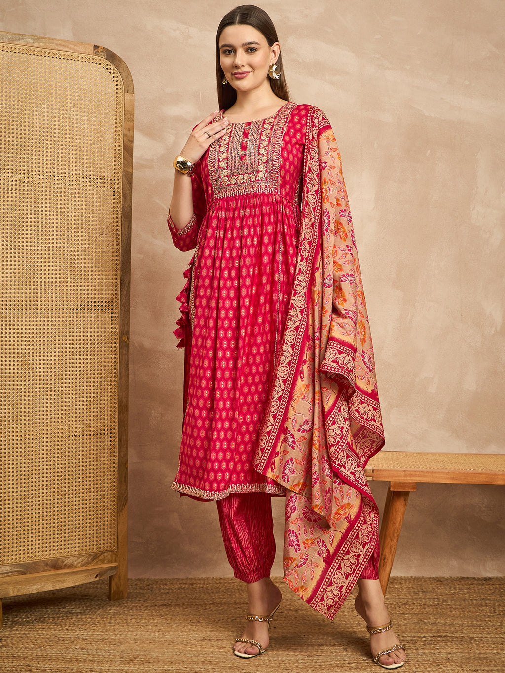Women Ethnic Motifs Embroidered High Slit Beads and Stones Raw Silk Kurta with Trousers & With Dupatta