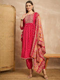 Women Ethnic Motifs Embroidered High Slit Beads and Stones Raw Silk Kurta with Trousers & With Dupatta