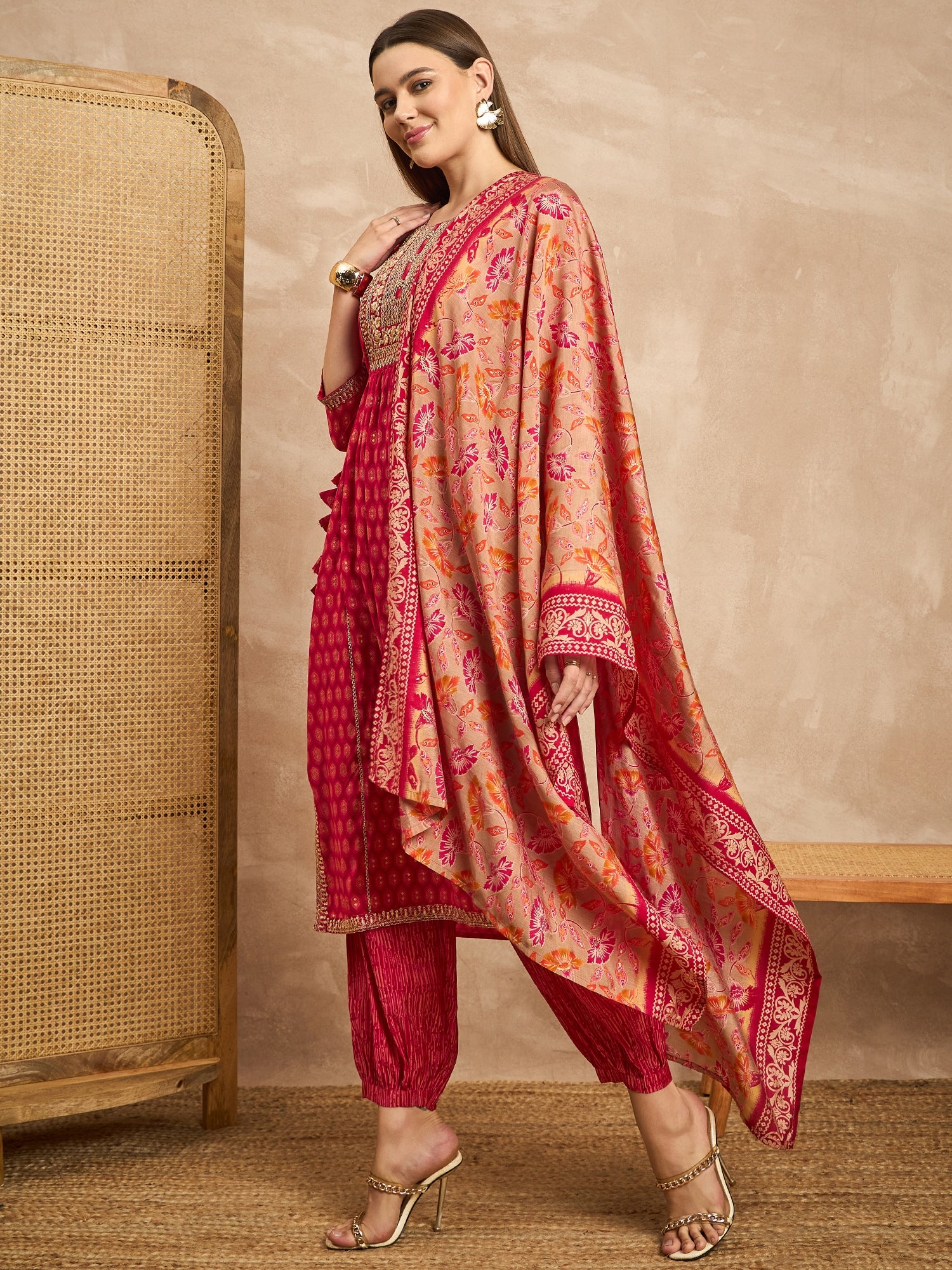 Women Ethnic Motifs Embroidered High Slit Beads and Stones Raw Silk Kurta with Trousers & With Dupatta