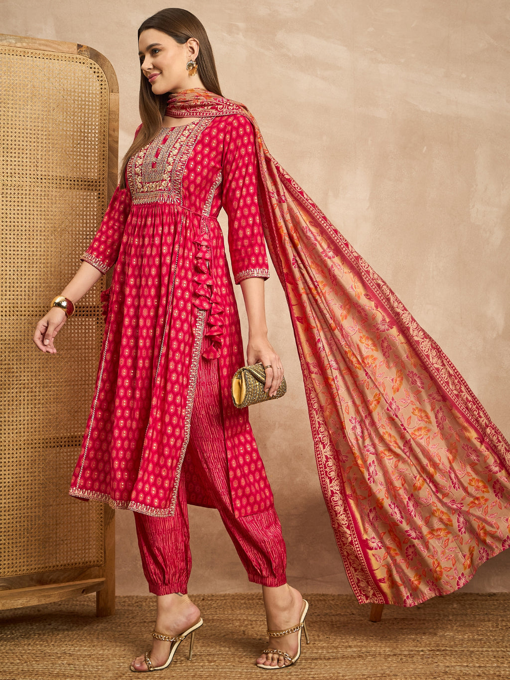 Women Ethnic Motifs Embroidered High Slit Beads and Stones Raw Silk Kurta with Trousers & With Dupatta