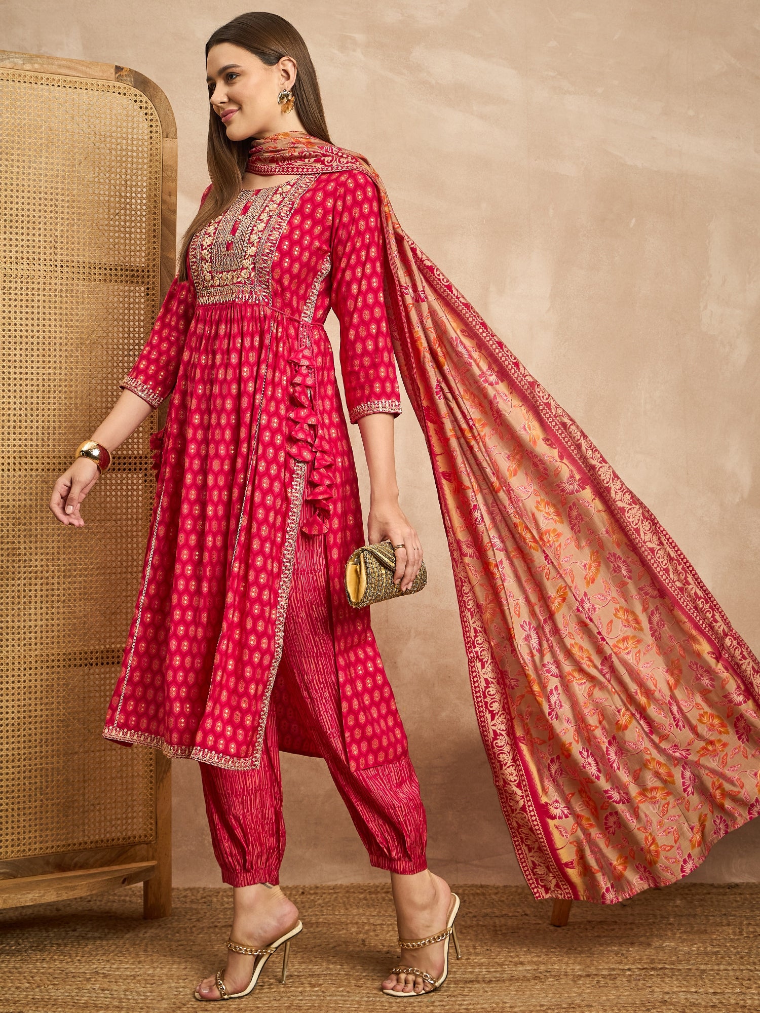 Women Ethnic Motifs Embroidered High Slit Beads and Stones Raw Silk Kurta with Trousers & With Dupatta