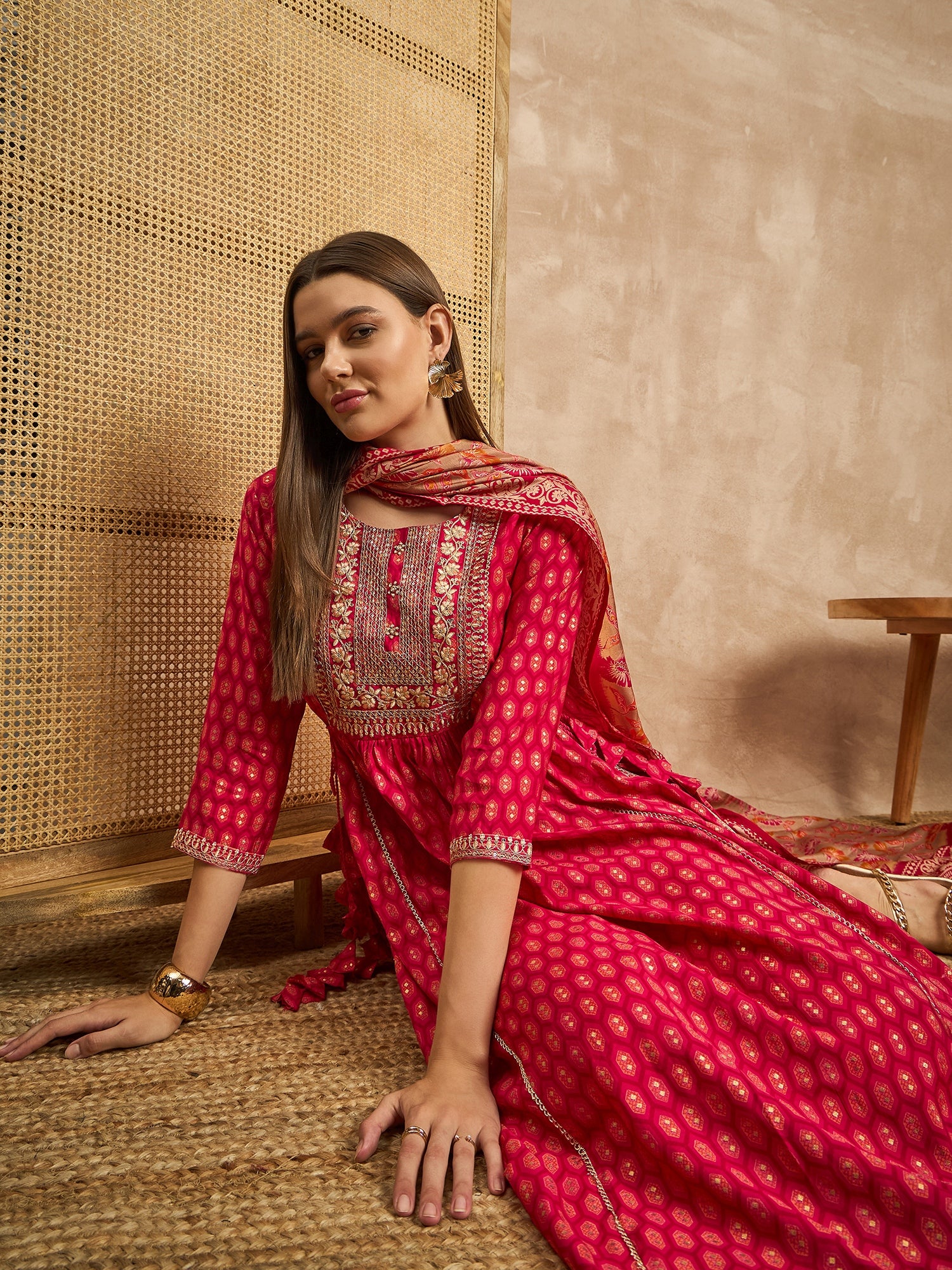 Women Ethnic Motifs Embroidered High Slit Beads and Stones Raw Silk Kurta with Trousers & With Dupatta
