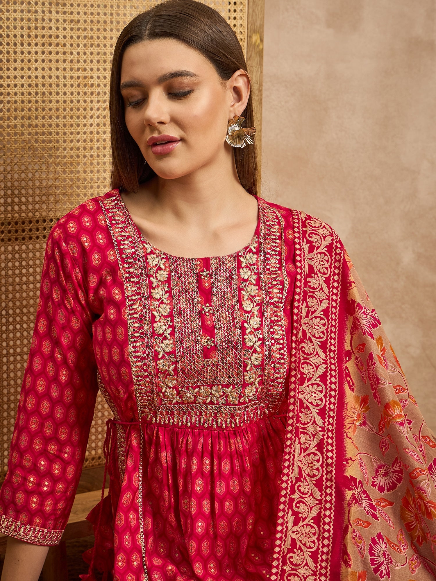 Women Ethnic Motifs Embroidered High Slit Beads and Stones Raw Silk Kurta with Trousers & With Dupatta