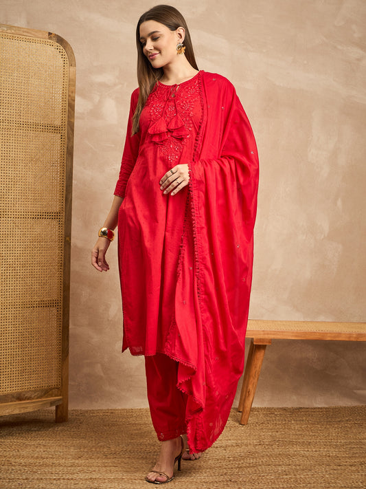 Floral Embroidered Tie-Up Neck Sequinned Straight Kurta With Trousers & Dupatta