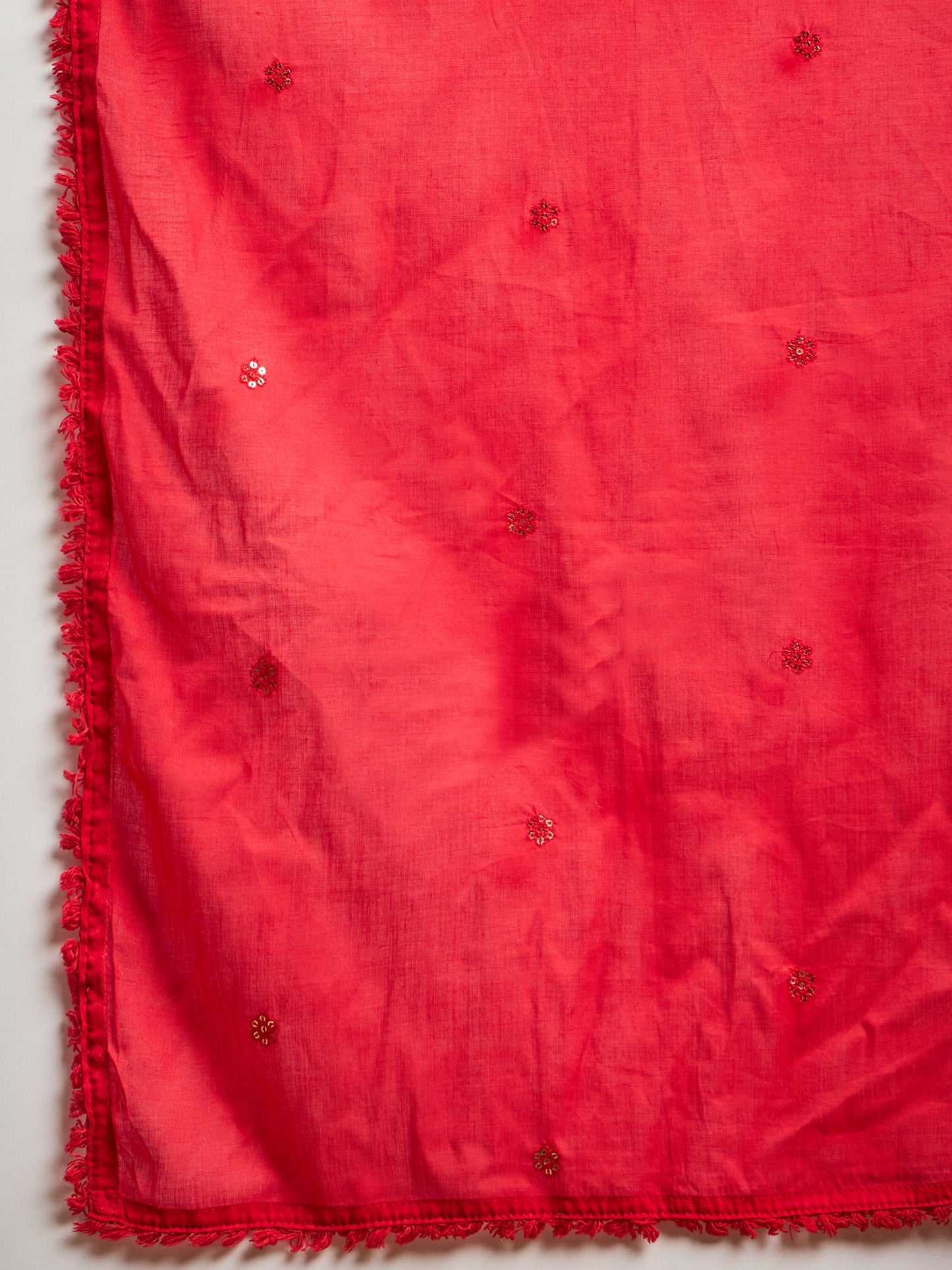 Floral Embroidered Tie-Up Neck Sequinned Straight Kurta With Trousers & Dupatta