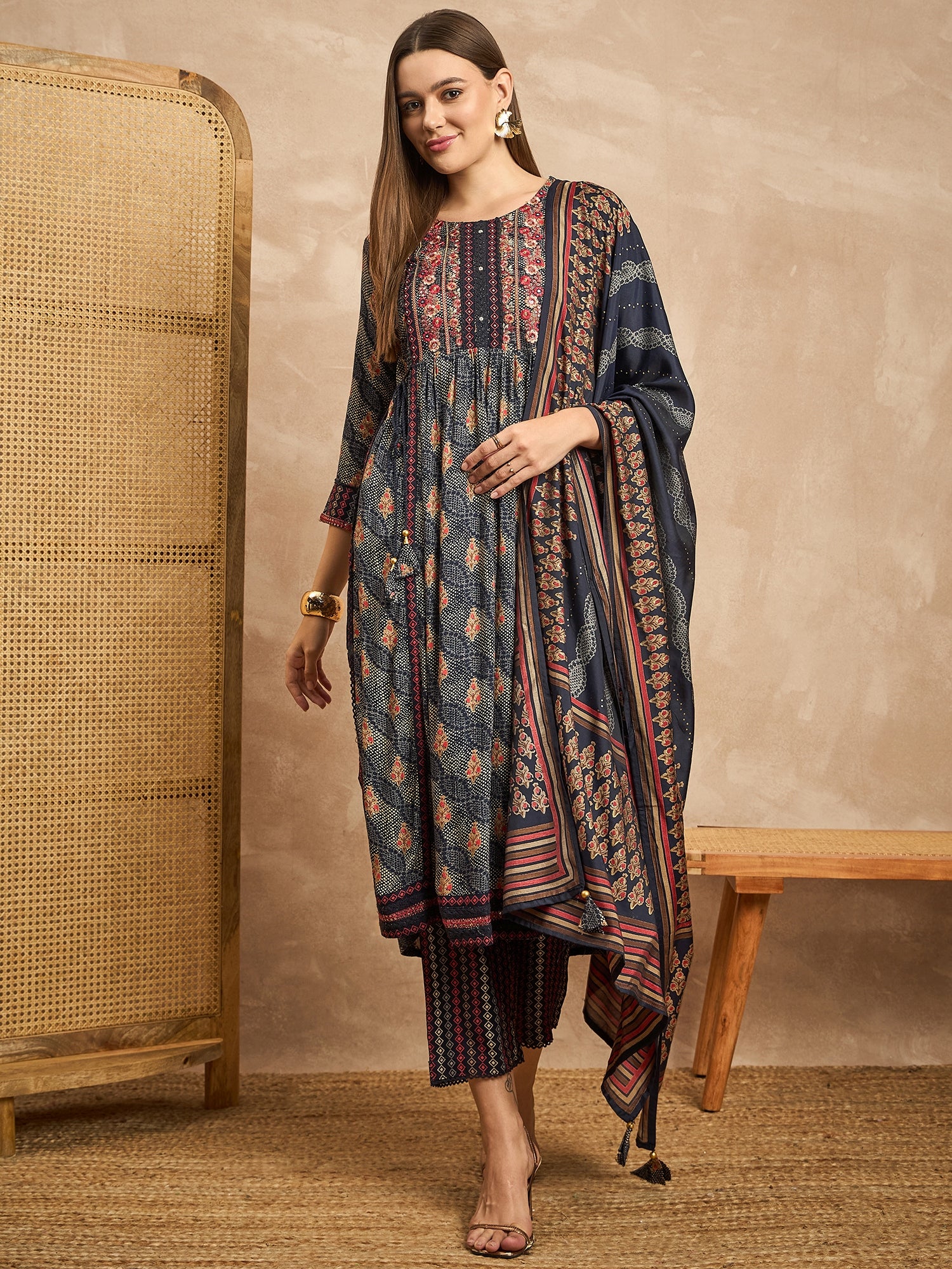 Women Floral Embroidered High Slit Mirror Work Kurta with Trousers & With Dupatta