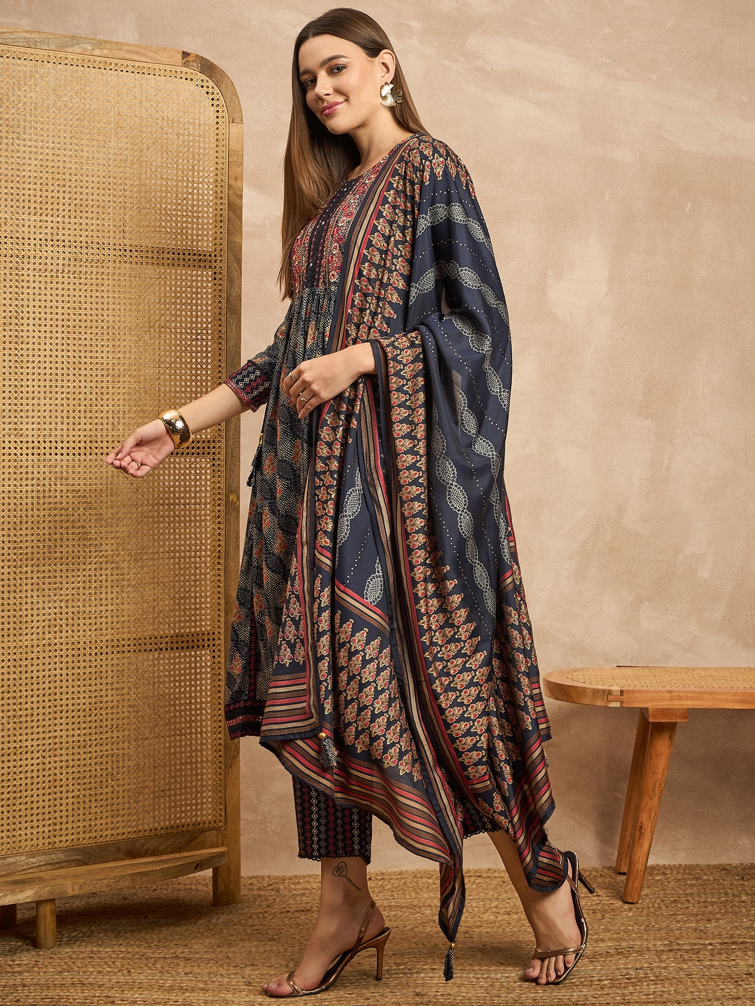 Women Floral Embroidered High Slit Mirror Work Kurta with Trousers & With Dupatta