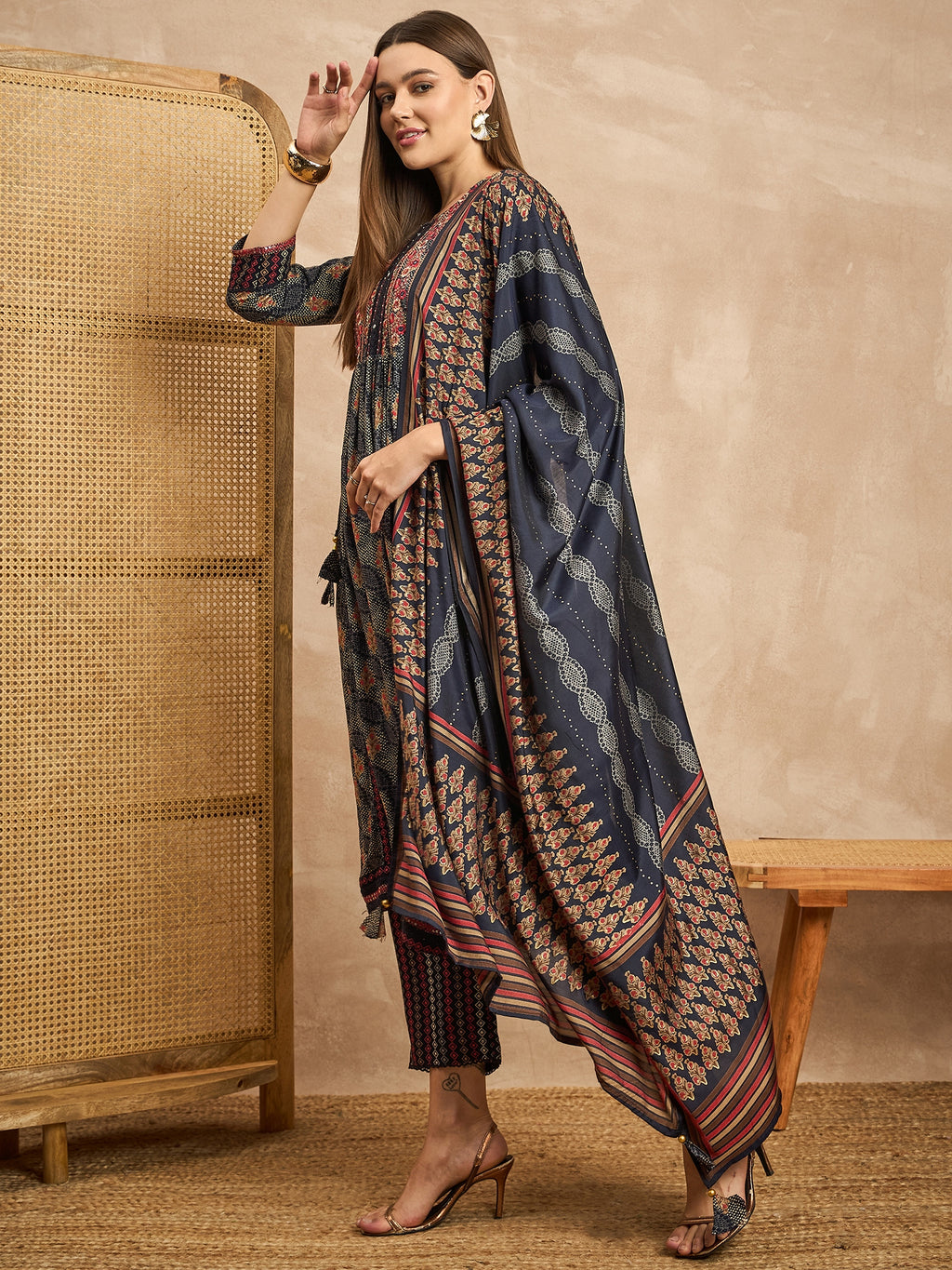 Women Floral Embroidered High Slit Mirror Work Kurta with Trousers & With Dupatta