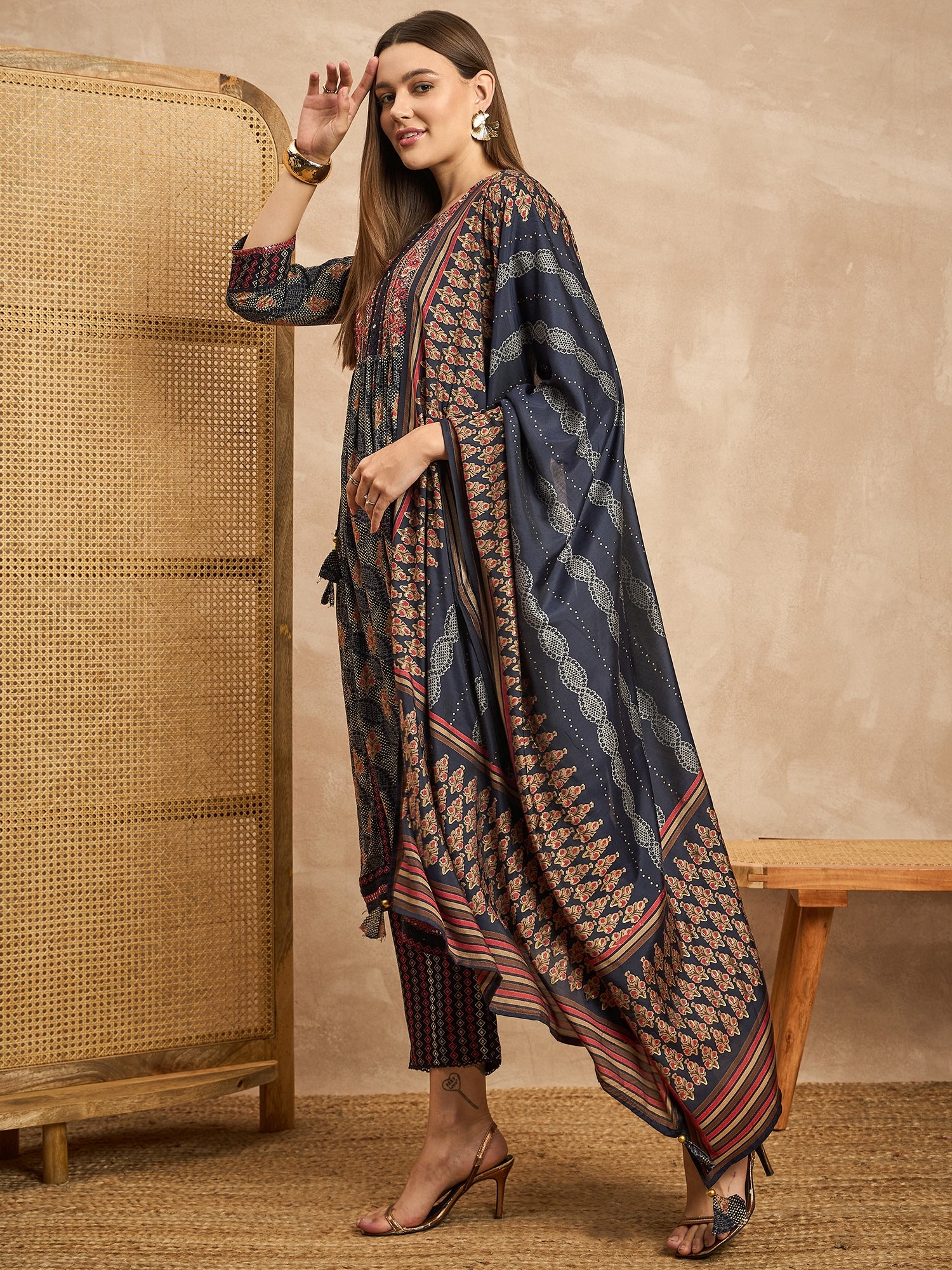 Women Floral Embroidered High Slit Mirror Work Kurta with Trousers & With Dupatta