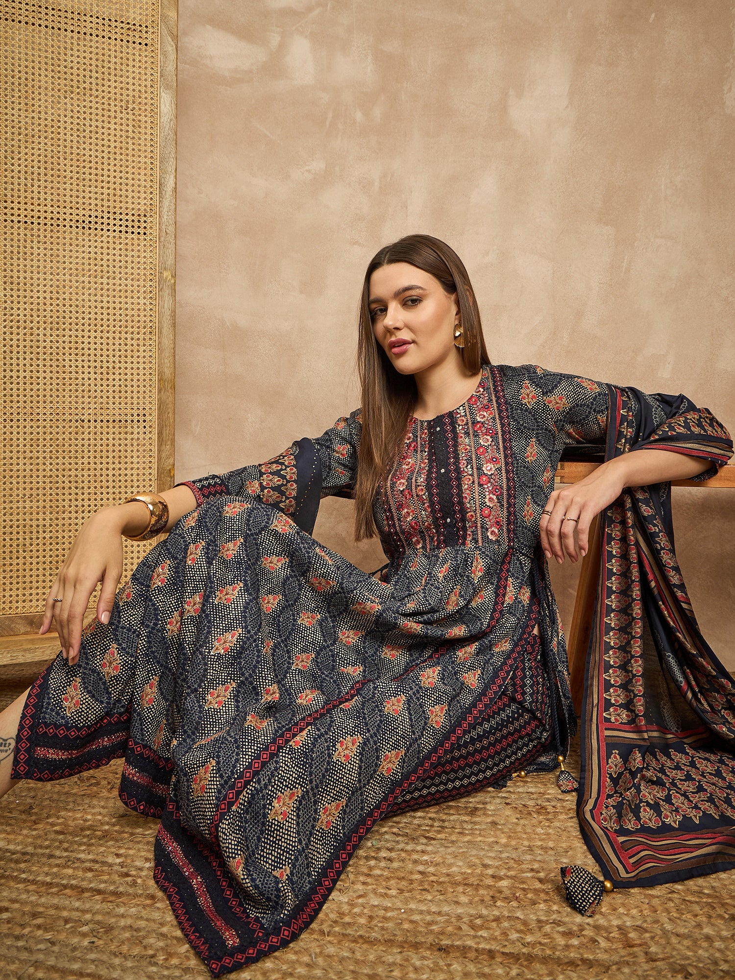 Women Floral Embroidered High Slit Mirror Work Kurta with Trousers & With Dupatta