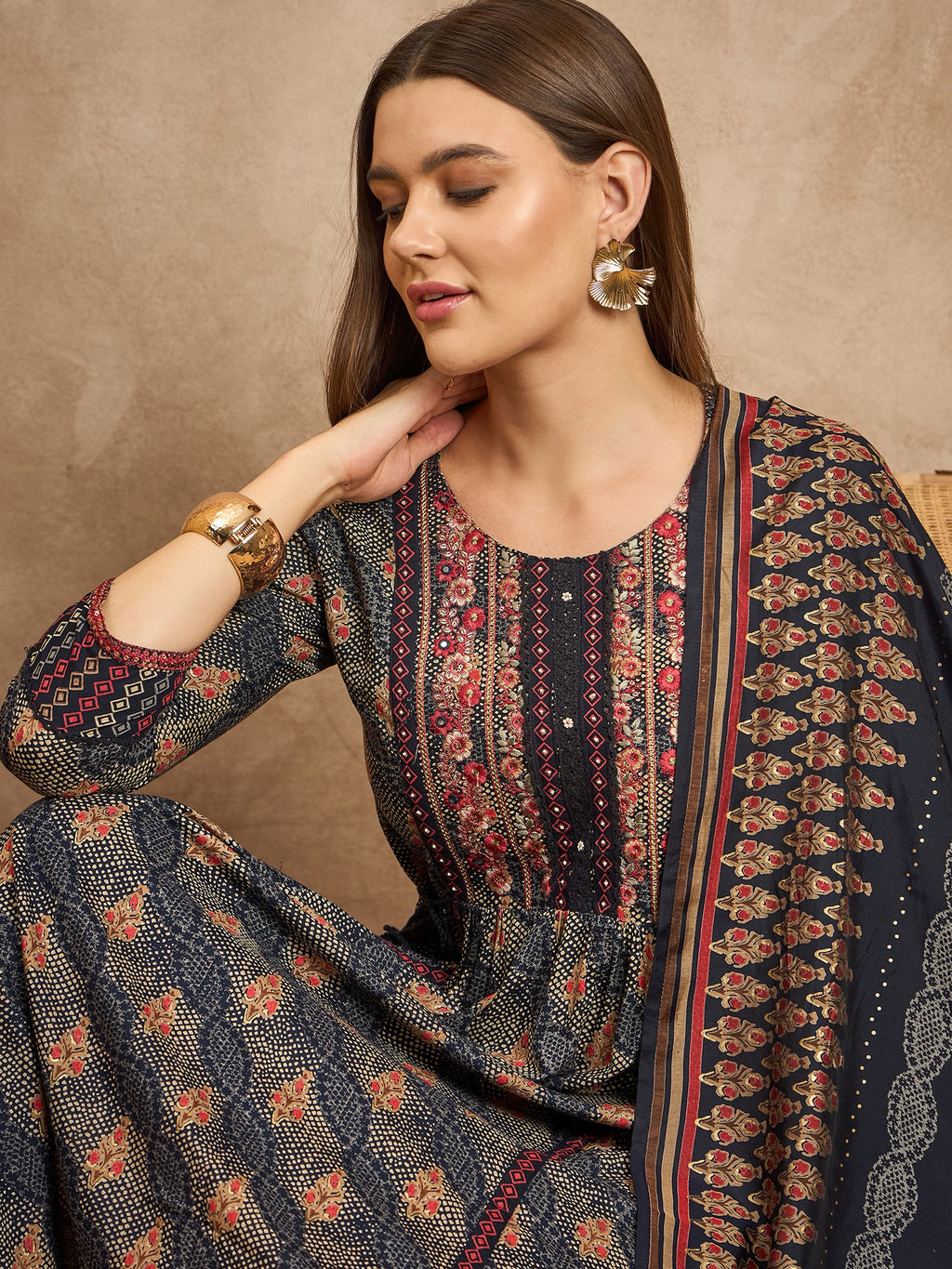 Women Floral Embroidered High Slit Mirror Work Kurta with Trousers & With Dupatta