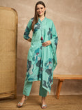 Women Floral Printed Thread Work Pure Cotton Straight Kurta with Trousers & Dupatta