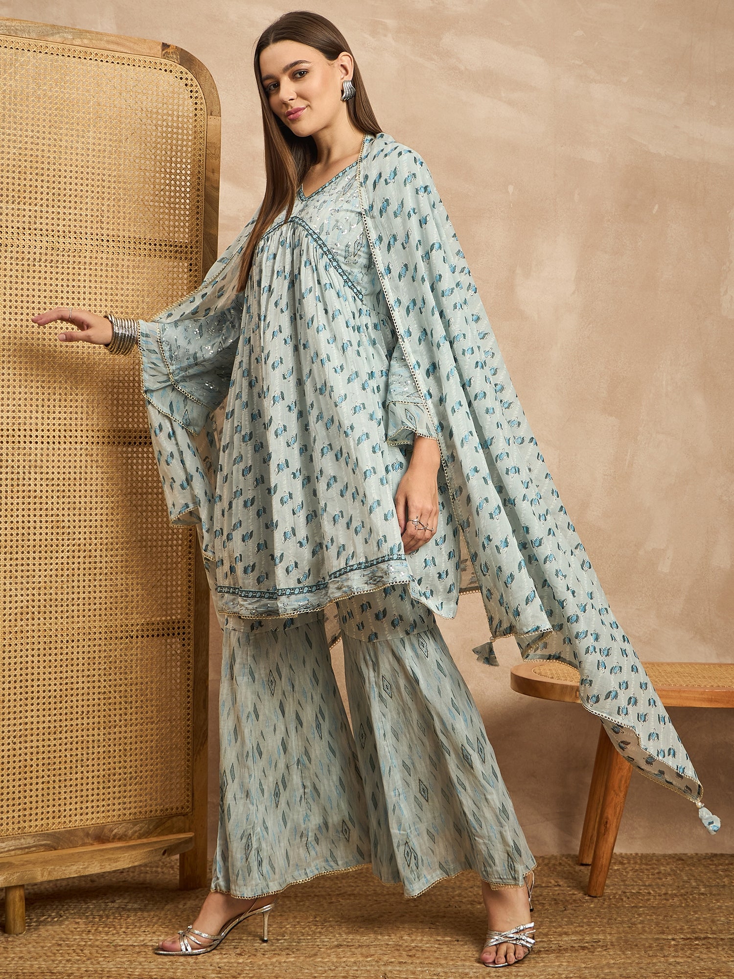 Women Floral Printed Empire Beads and Stones Kurta with Sharara & With Dupatta