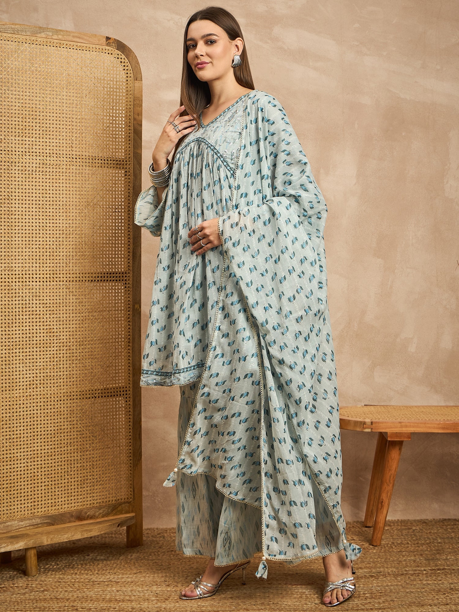 Women Floral Printed Empire Beads and Stones Kurta with Sharara & With Dupatta