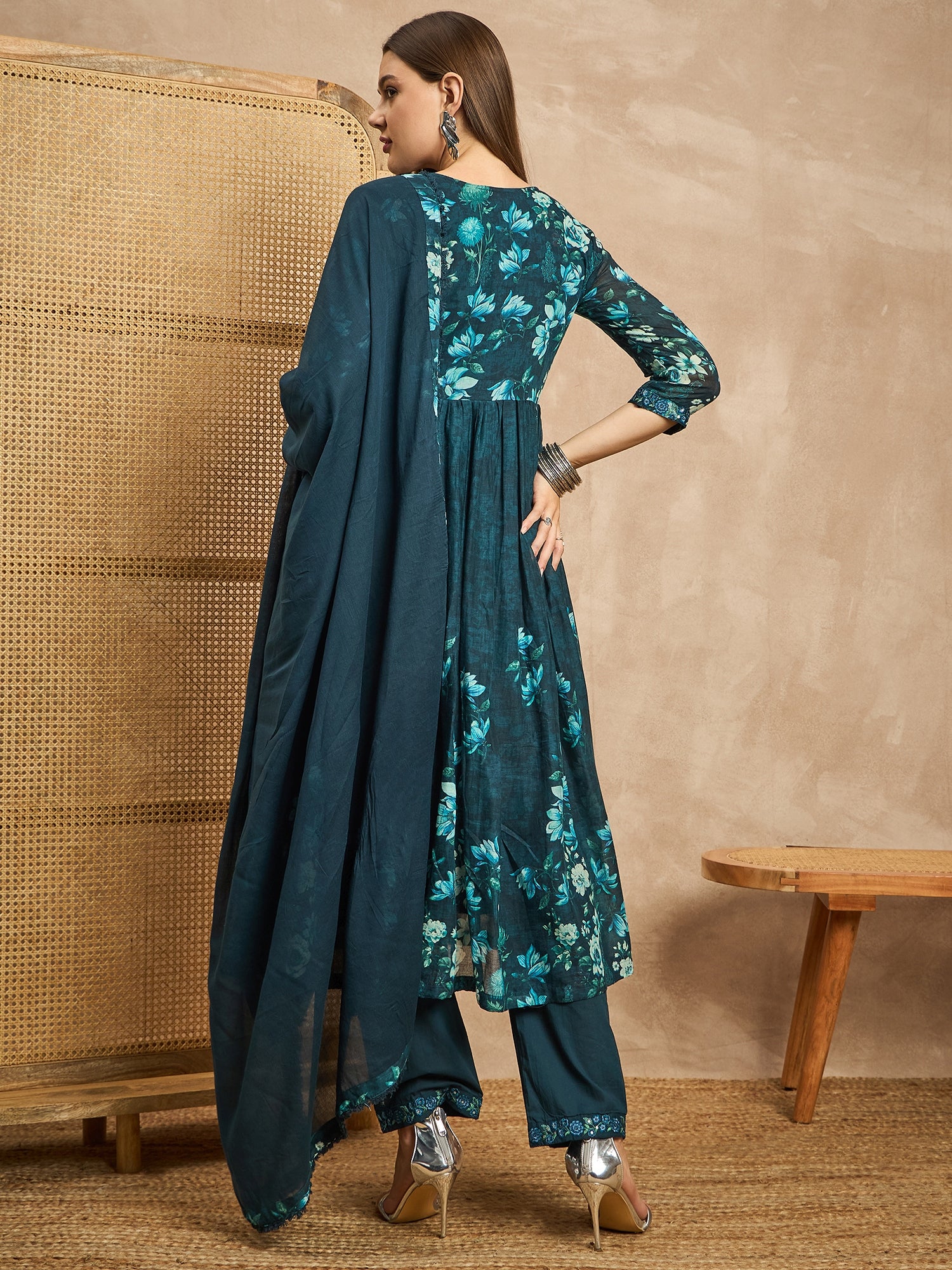 Women Floral Printed Thread Work Pleated Anarkali Kurta with Trousers & Dupatta