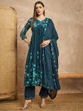 Women Floral Printed Thread Work Pleated Anarkali Kurta with Trousers & Dupatta