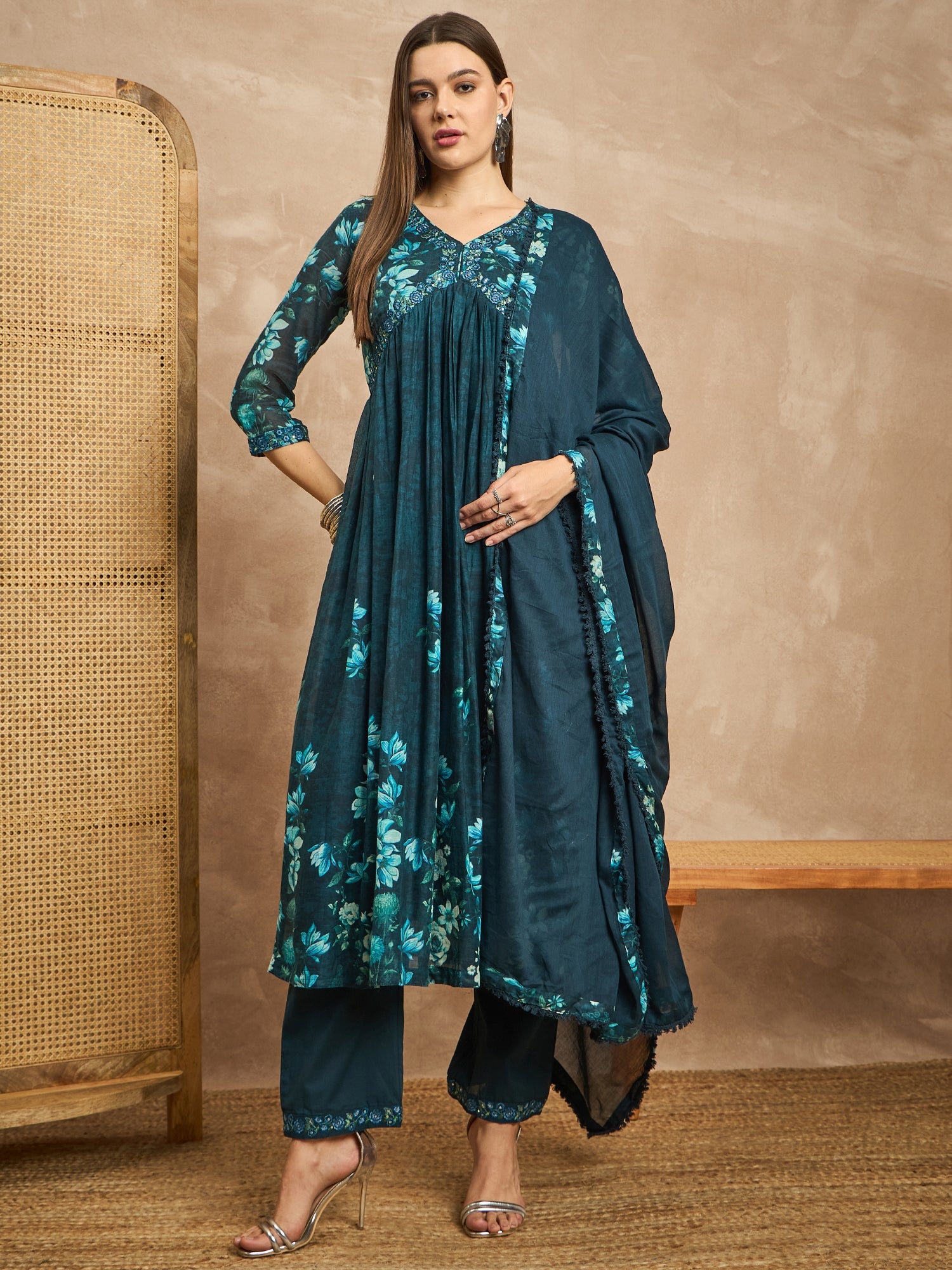 Women Floral Printed Thread Work Pleated Anarkali Kurta with Trousers & Dupatta