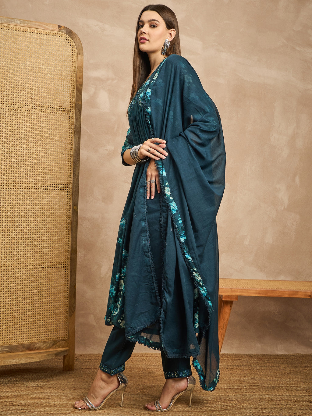 Women Floral Printed Thread Work Pleated Anarkali Kurta with Trousers & Dupatta