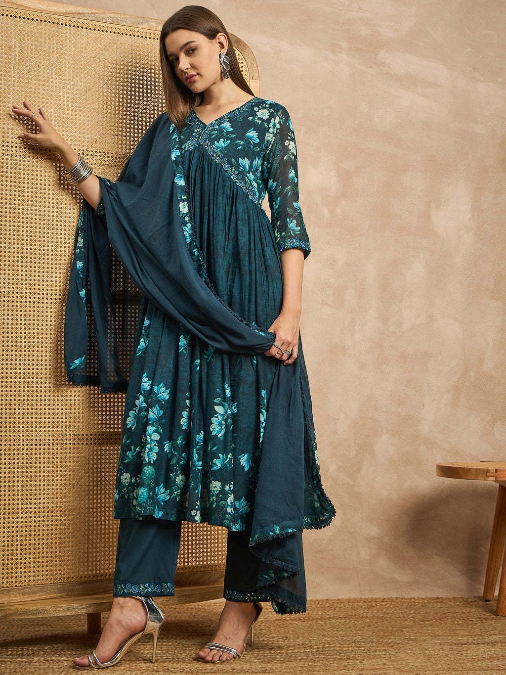 Women Floral Printed Thread Work Pleated Anarkali Kurta with Trousers & Dupatta