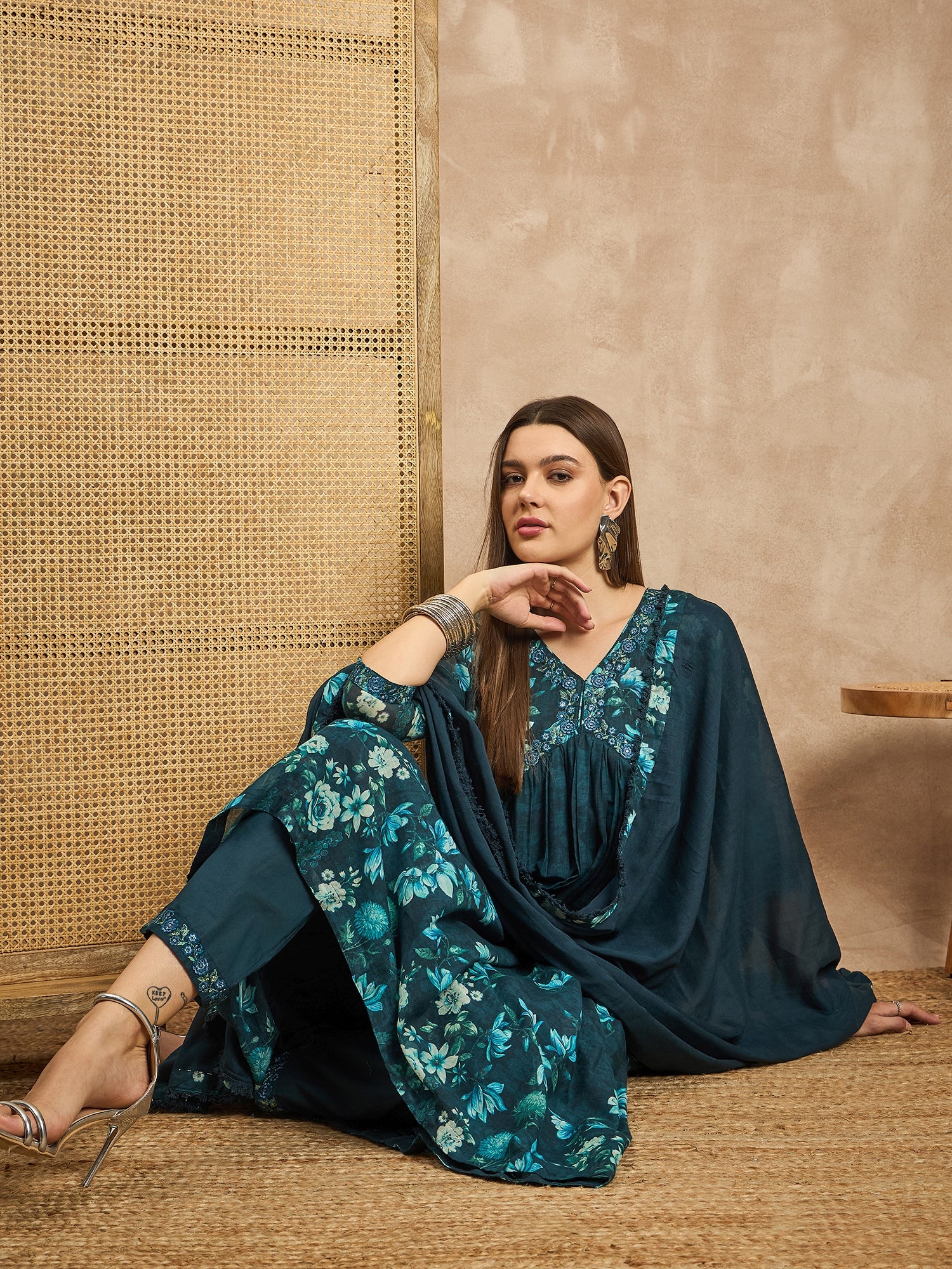 Women Floral Printed Thread Work Pleated Anarkali Kurta with Trousers & Dupatta