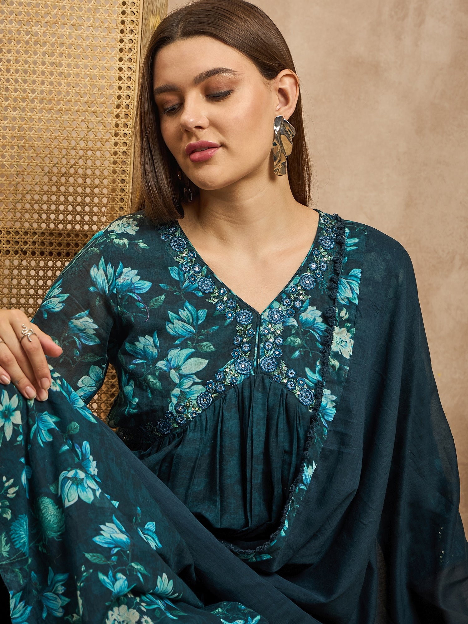 Women Floral Printed Thread Work Pleated Anarkali Kurta with Trousers & Dupatta