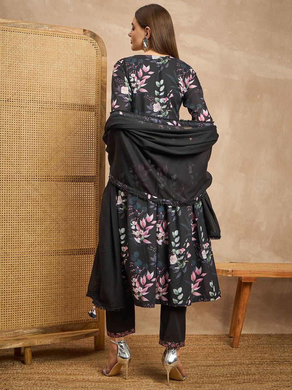Floral Printed Pleated Sequinned Anarkali Kurta with Trousers & Dupatta