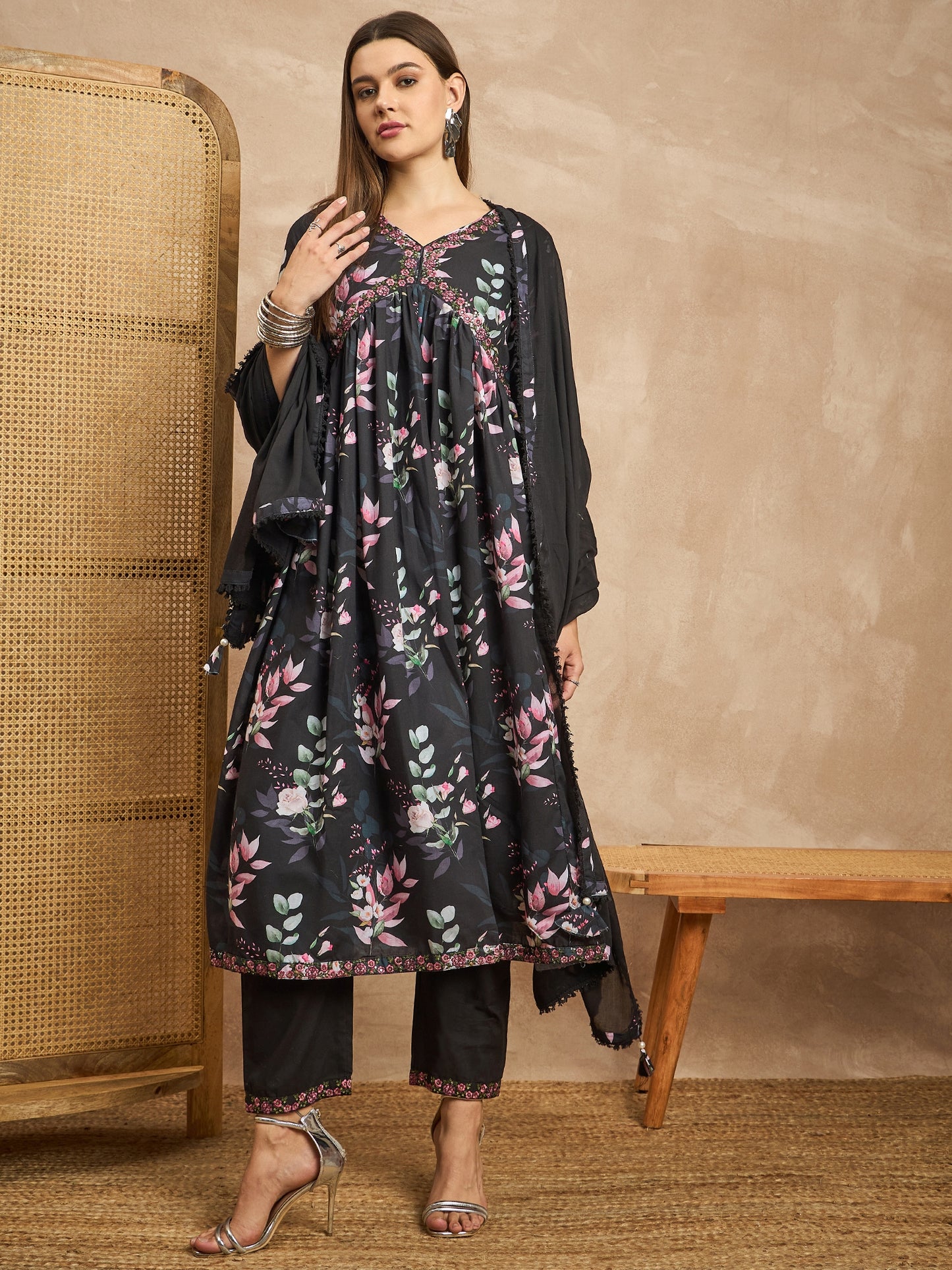 Floral Printed Pleated Sequinned Anarkali Kurta with Trousers & Dupatta