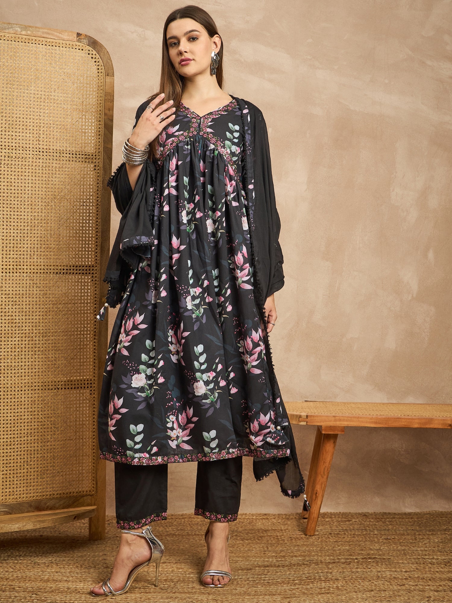 Floral Printed Pleated Sequinned Anarkali Kurta with Trousers & Dupatta