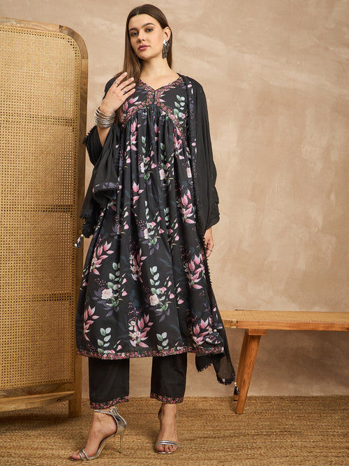 Floral Printed Pleated Sequinned Anarkali Kurta with Trousers & Dupatta