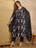 Floral Printed Pleated Sequinned Anarkali Kurta with Trousers & Dupatta