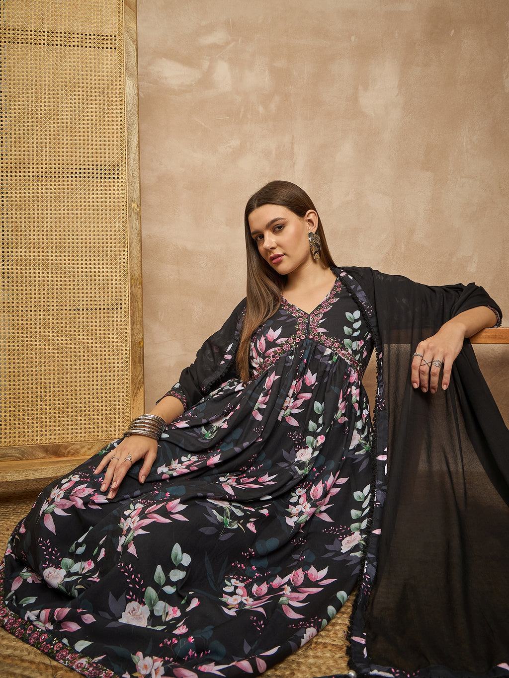 Floral Printed Pleated Sequinned Anarkali Kurta with Trousers & Dupatta