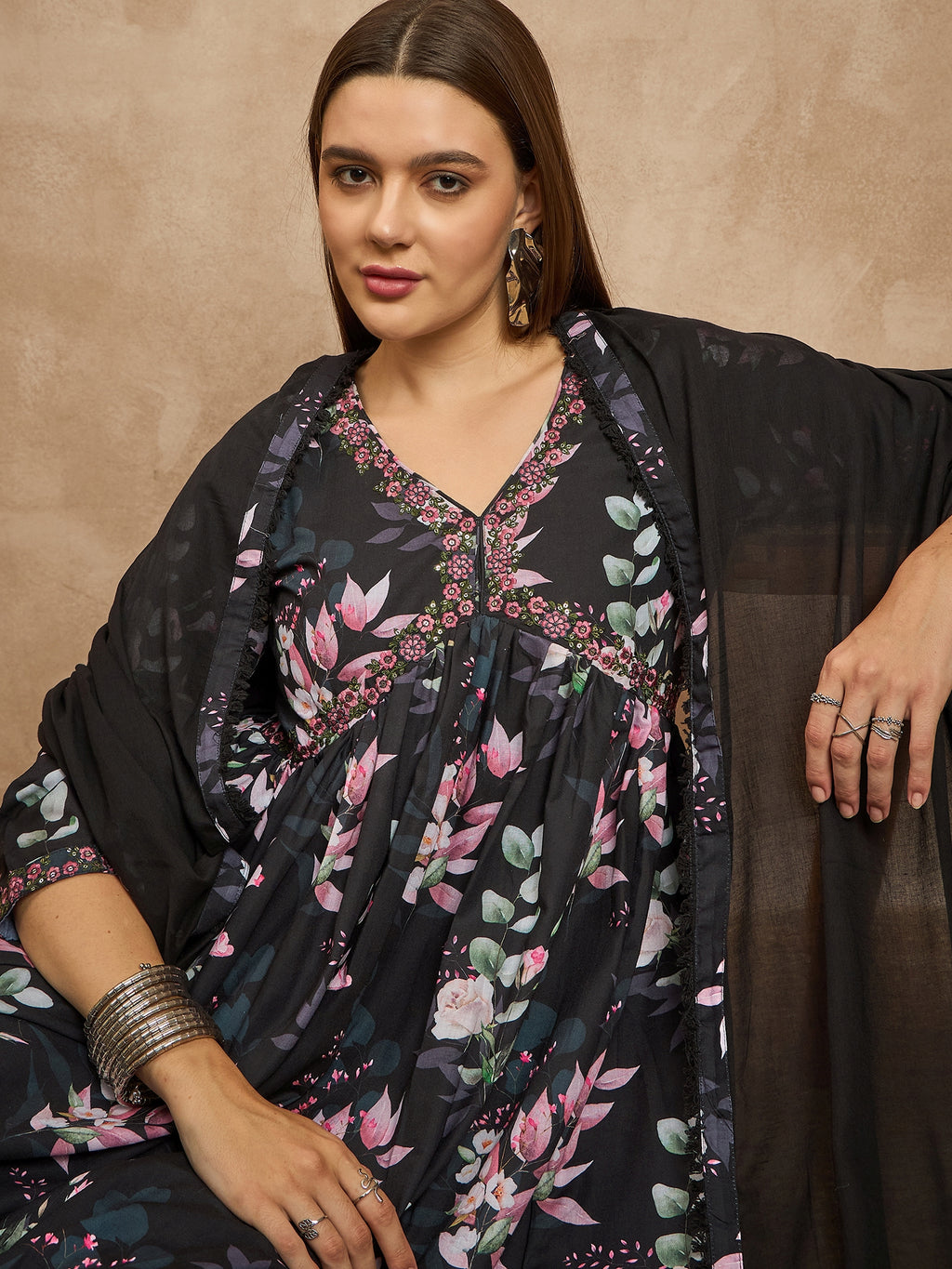 Floral Printed Pleated Sequinned Anarkali Kurta with Trousers & Dupatta